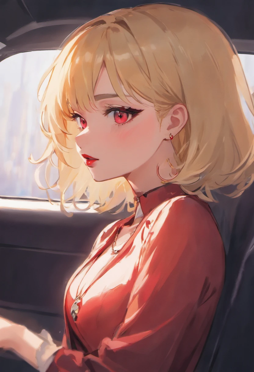 Blonde woman with red lipstick and necklace in car with hand up, imagem de perfil, red lips, foto do perfil, Batom vermelho no rosto, thick red lips, foto de perfil headshot, Big Red Lips, Batom vermelho brilhante, both have red lips, small and thick red lips, sexy red lips, usando maquiagem profissional, taken in the early 2020s, Red lipstick on the lips disney pixar cartoon style, heroina , perigosa, justiceira, sexy, unhas verm