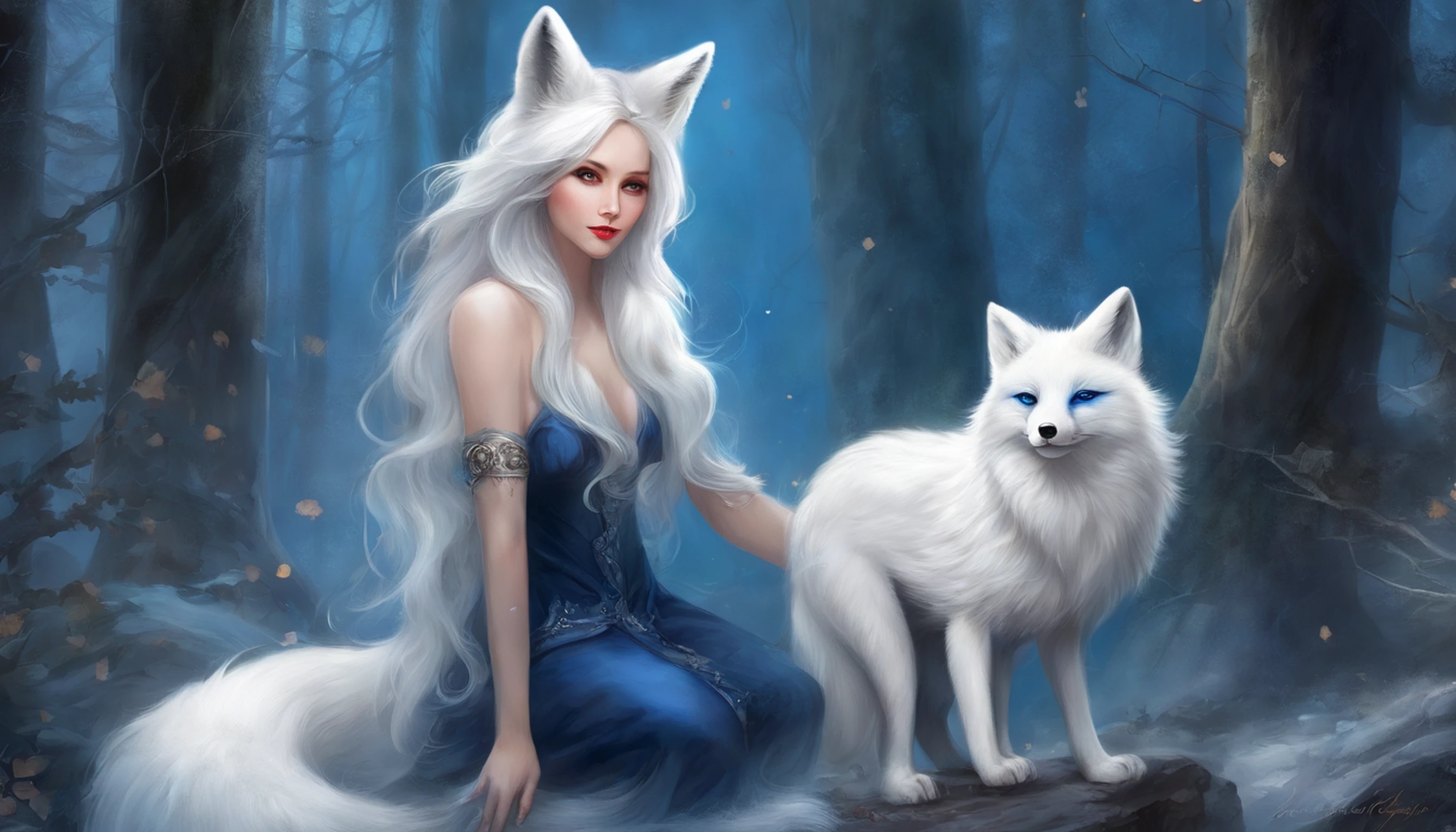 (Next to the anime girl with white fur fox ears before the full moon is a huge white nine-tailed fox:1.5), fantasy fox love, White-haired fox, white fox anime, Anime fantasy illustration,(dark forest background,Blue transparent smoke surrounds:1.8), art of silverfox,Best quality, Masterpiece, 超高分辨率, (photograph realistic:1.4), ultra-realistic realism, Dream-like,fusionart, Shadowdancer, shadow magic, Darkness, stealth, shadowstep, umbral spells,