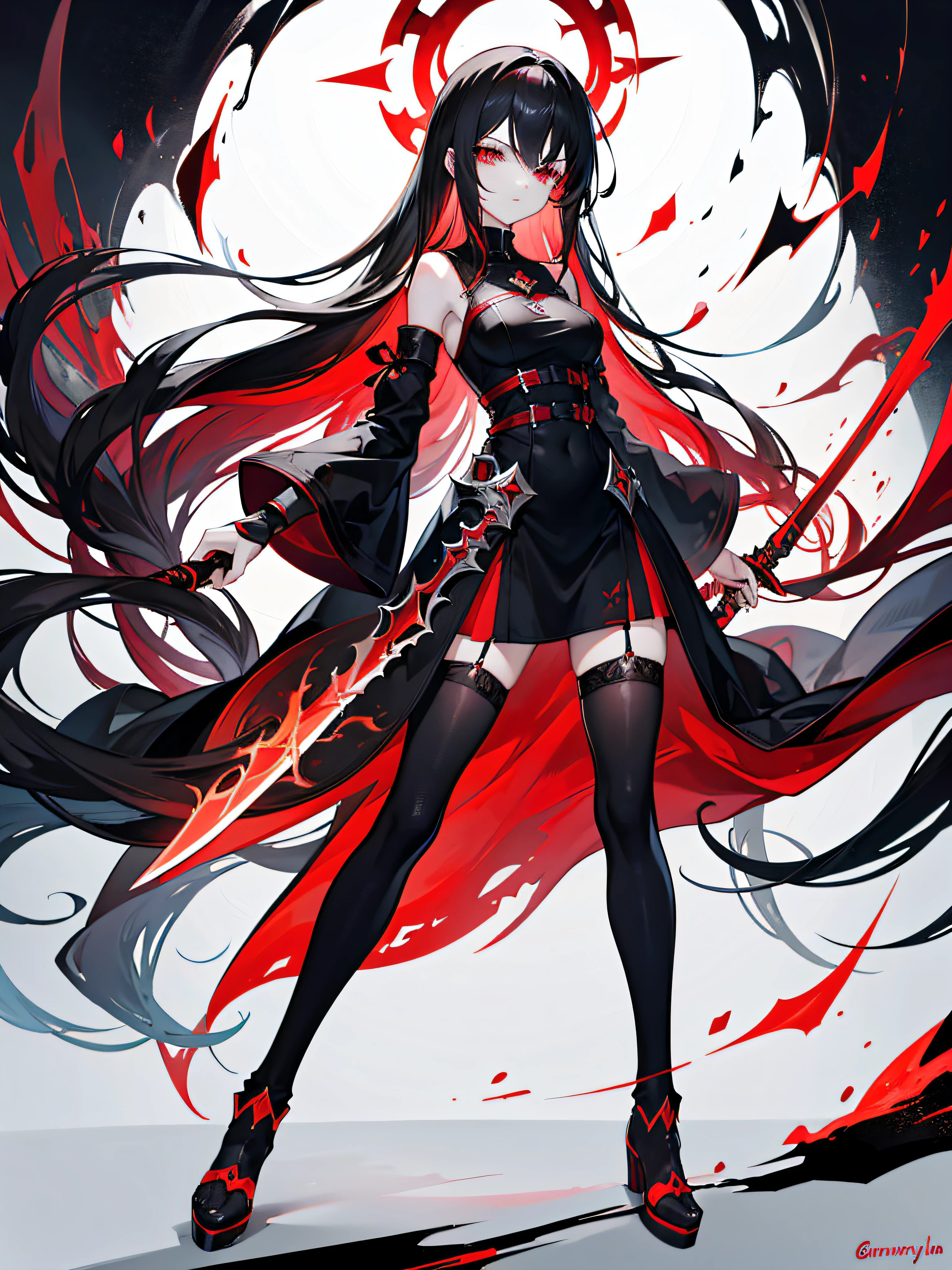black long hair,red inner color hair,black and red goth clothes,detached sleeves,left hand grasp fantasy big sword,no expression,no shiny eye,crimson eye,white background,standing,from head to toe,body covered in flames