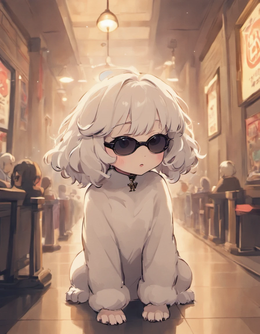 There's a little white Poodle puppy with sunglasses, peluda bonita precisa de sua ajuda, Looking towards the camera, queixo pequeno, bonita, taken with sony a7r camera, olhar desleixado, Oi, monochrome black and white, lovingly looking at camera,