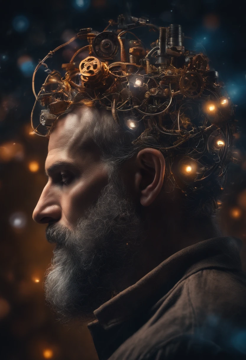 Human Brain Being Reprogrammed to Forget Addictions, through gears and motors on a male head with long beards, In a confusing and mysterious environment with lights that connect the brain to the universe Image from above