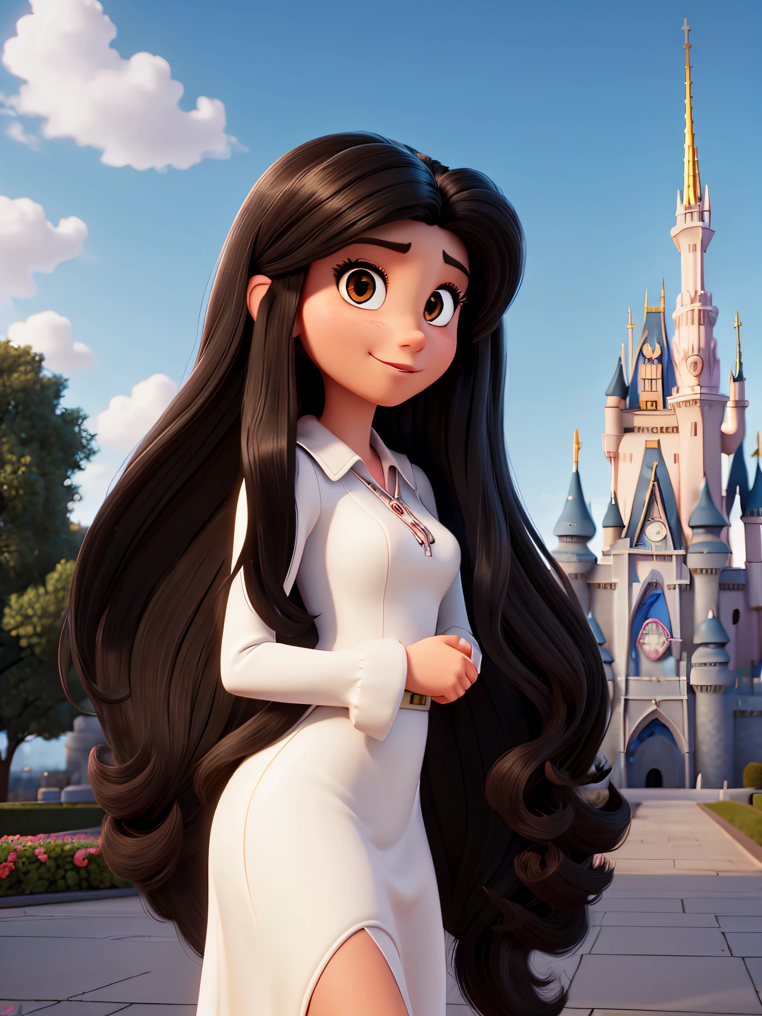 a woman with long black hair, dark brown eyes, white fur, disney pixar style, in front of the disney castle, high quality, best quality