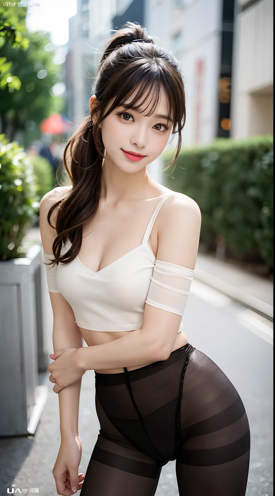 masutepiece, Best Quality, Illustration, Ultra-detailed, finely detail, hight resolution, 8K Wallpapers, Perfect dynamic composition, Beautiful detailed eyes, game_nffsw, Women's Fashion Summer,Ponytail hair,Small breasts natural color lip, Bold sexy poses,Smile,Harajuku、20 years girl、Cute、Sexy shot looking at camera、(Ultra-realistic pantyhose:1.5), realistic skin textures、shinny skin、Exposed thighs!!!