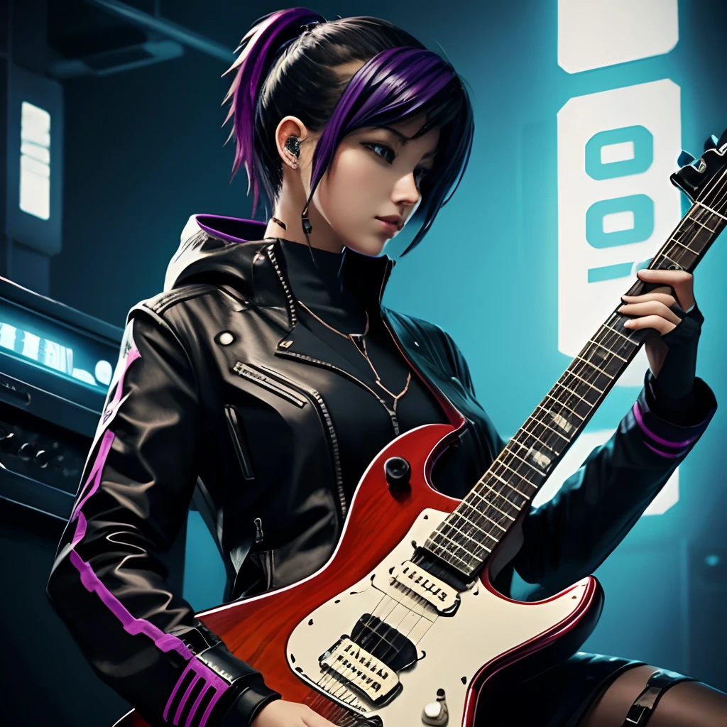 guitar,cyber punk,very waterpaint,woman