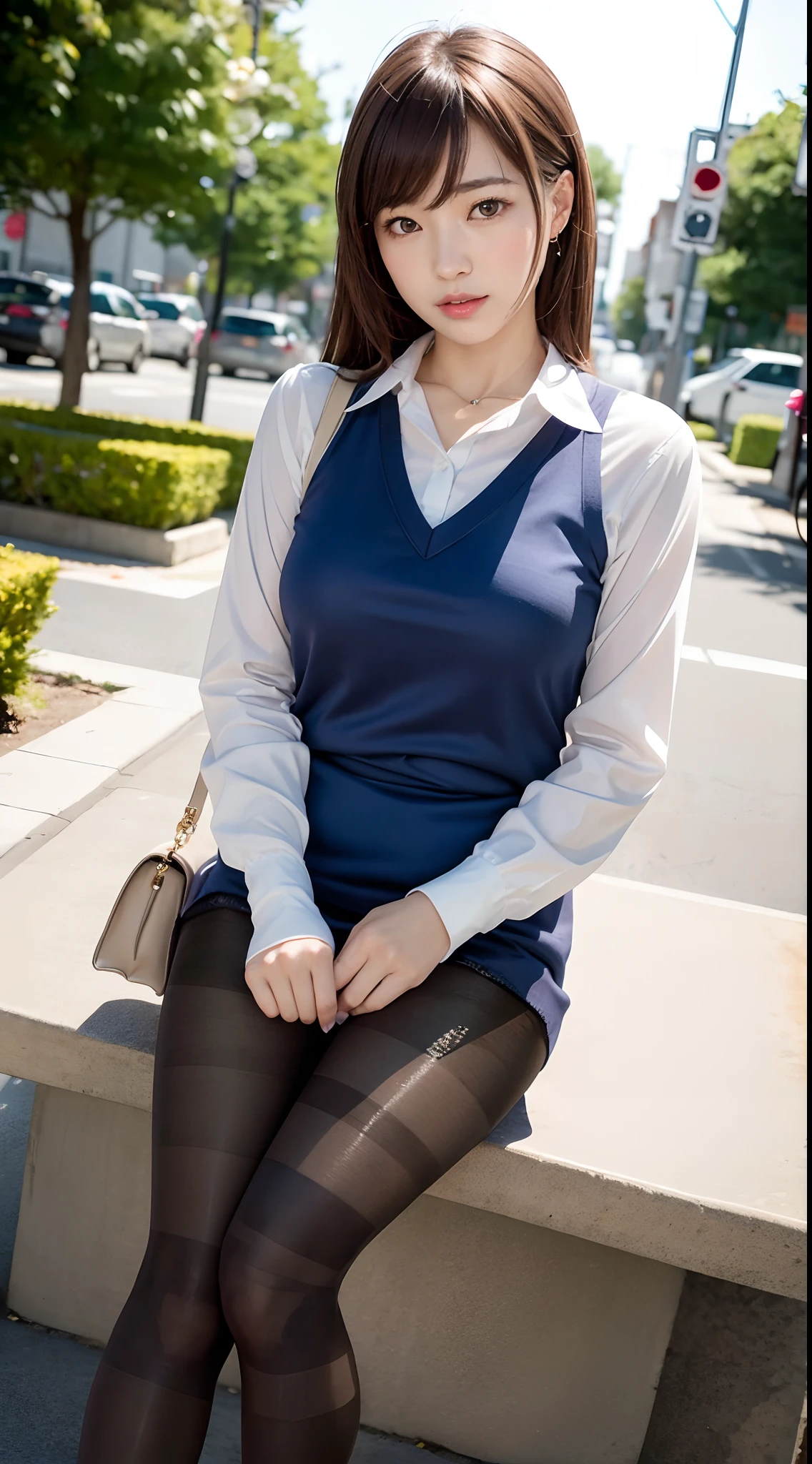 Woman sitting on a bench with purse and purse, Ayaka, chiho, 奈良美智, wearing honey - themed miniskirt, (Ultra-realistic pantyhose:1.5), taken with canon 8 0 d, taken with canon eos 5 d mark iv, 👰 🏇 ❌ 🍃, reluvy5213, Handbag, 🤬 🤮 💕 🎀