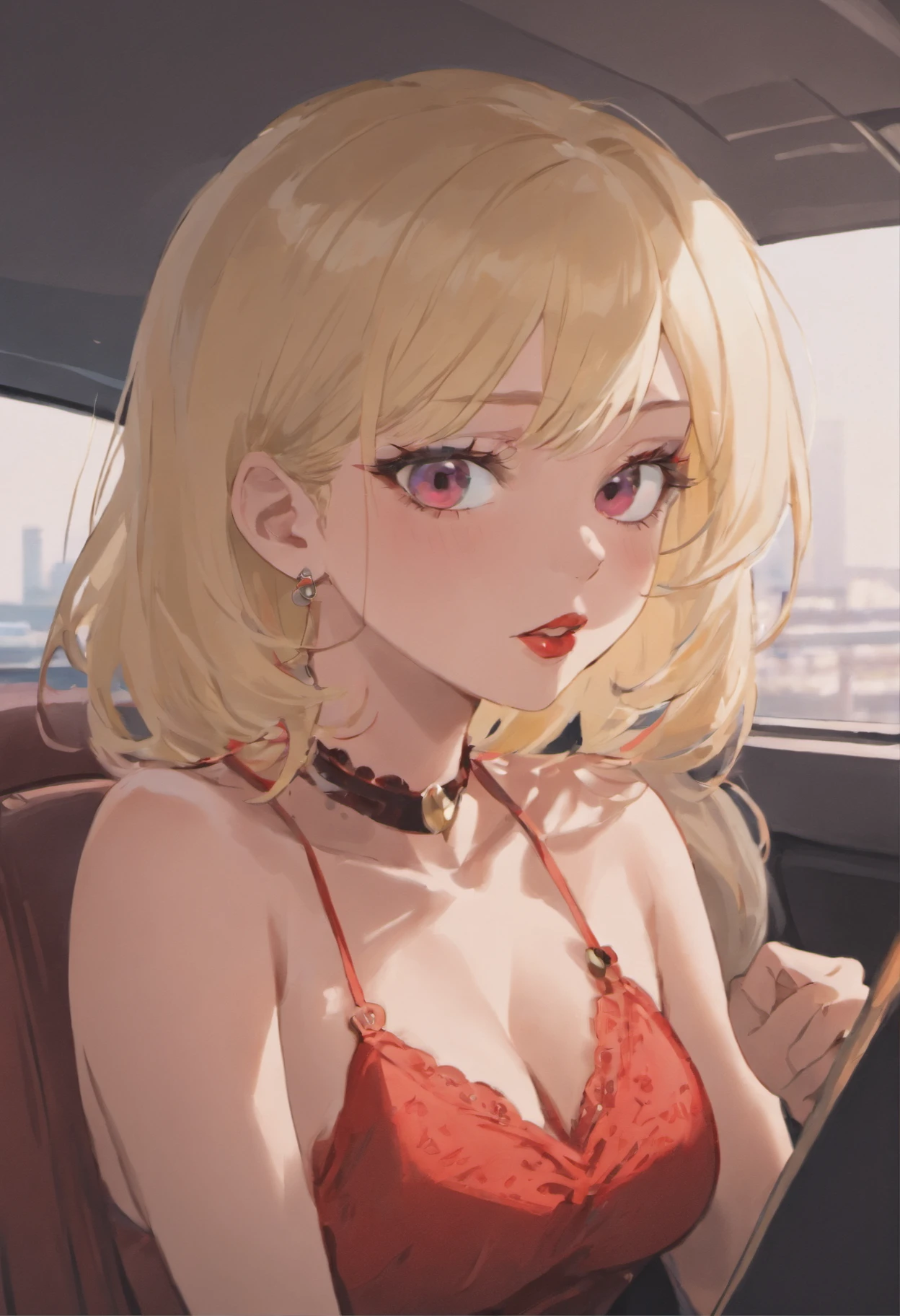 Blonde woman with red lipstick and necklace in car with hand up, imagem de perfil, red lips, foto do perfil, Batom vermelho no rosto, thick red lips, foto de perfil headshot, Big Red Lips, Batom vermelho brilhante, both have red lips, small and thick red lips, sexy red lips, usando maquiagem profissional, taken in the early 2020s, Red lipstick on the lips disney pixar cartoon style, heroina , perigosa, justiceira, sexy, unhas verm
