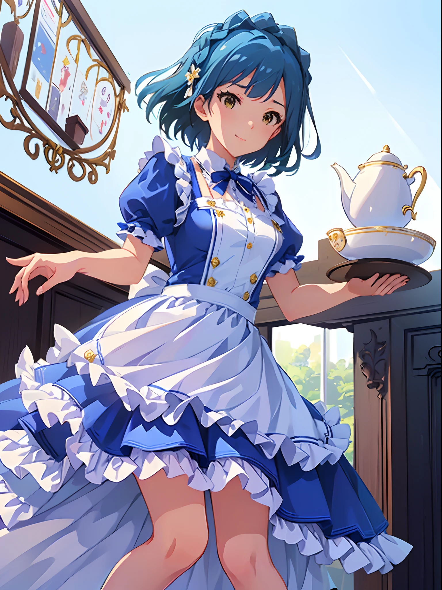 yuriko nanao (million live), 1 girl, Solo, Cute Girl,Best Quality, Ultra-detailed, 8K, High resolution, Bob Hair, Alice in Wonderland, smile, happy, (((sky-blue dress, Puffy sleeves, frilled dress, White Apron, frilled apron,))) garden, (Tea party, tea set,)