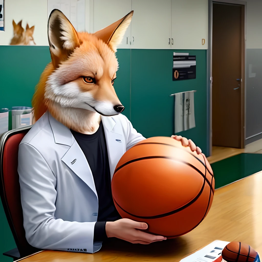 Un renard qui est docteur avec un cabinet décoré basketball