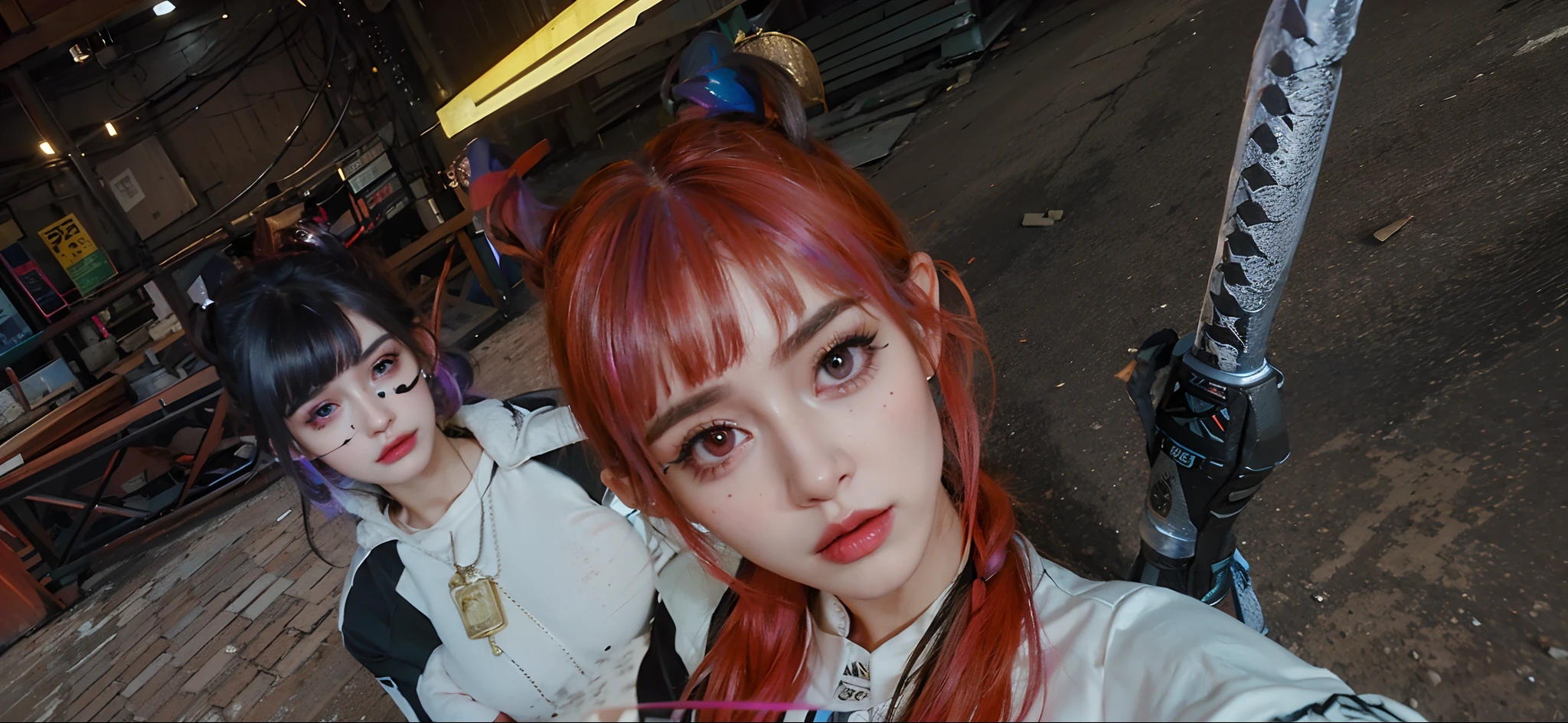 there is a woman with a gun in a street, unreal engine : : rave makeup, with very highly detailed face, makeup. unreal engine, close up character, unreal 5. rpg portrait, ultra detailed content : face, 8k highly detailed face, detailed photo of virtual world, character close up, beautiful screenshot, 8 k character details, 8k portrait render