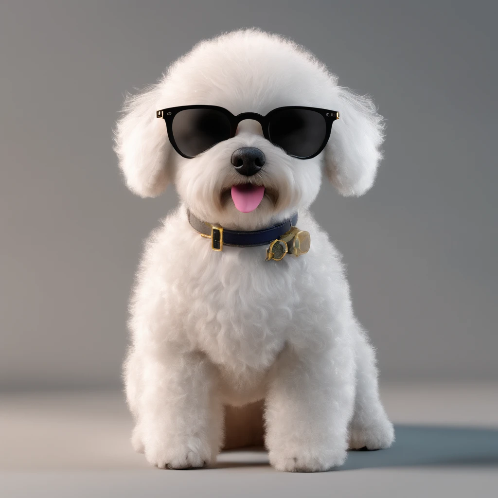 There's a little white Poodle puppy with sunglasses, peluda bonita precisa de sua ajuda, Looking towards the camera, queixo pequeno, bonita, taken with sony a7r camera, olhar desleixado, Oi, monochrome black and white, lovingly looking at camera,