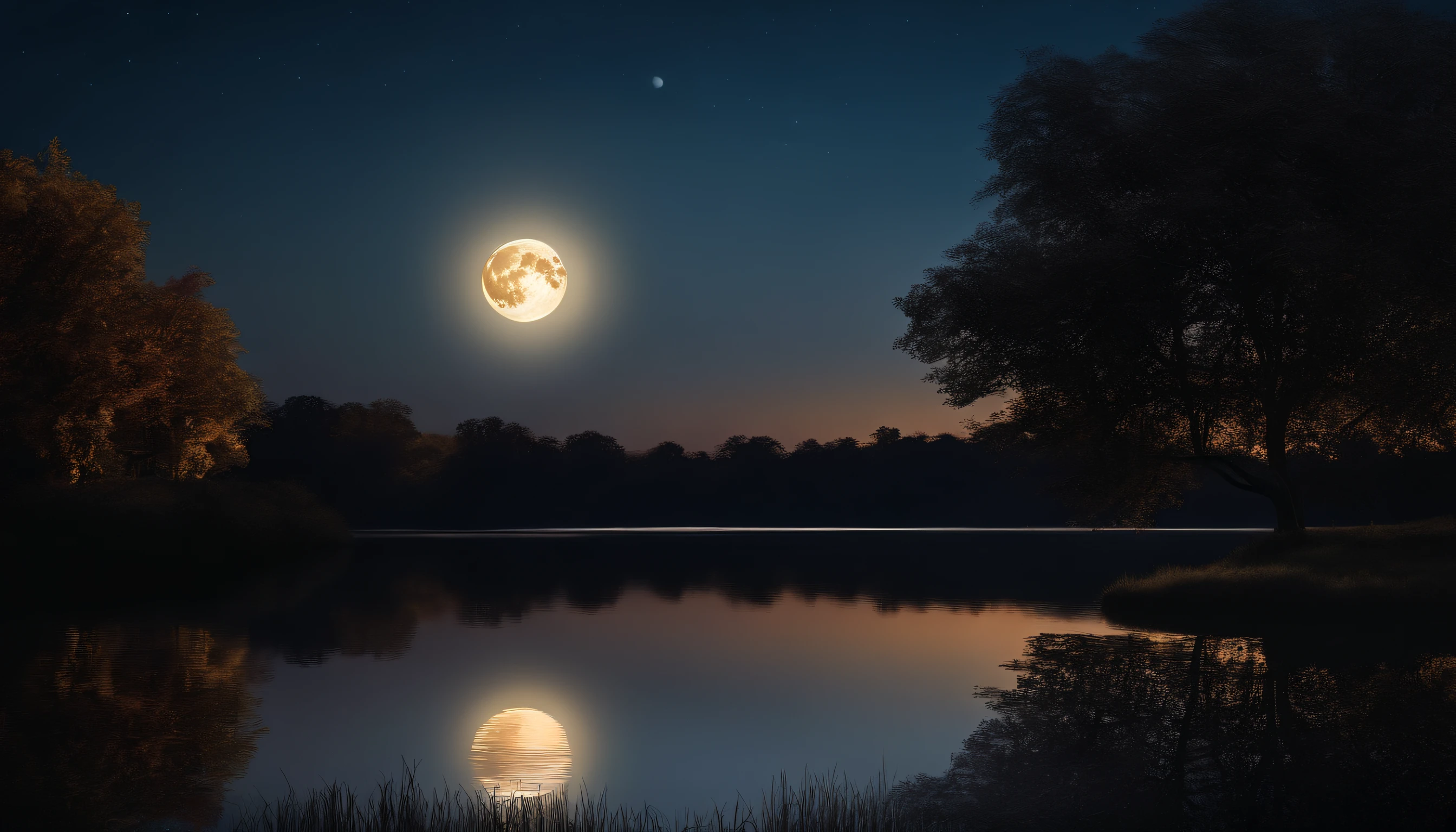 Bright full moon night, A lake with the shadow of a tree reflected. Tranquility and natural beauty. Convey an impressive visual impact. Ultra-realistic and detailed.