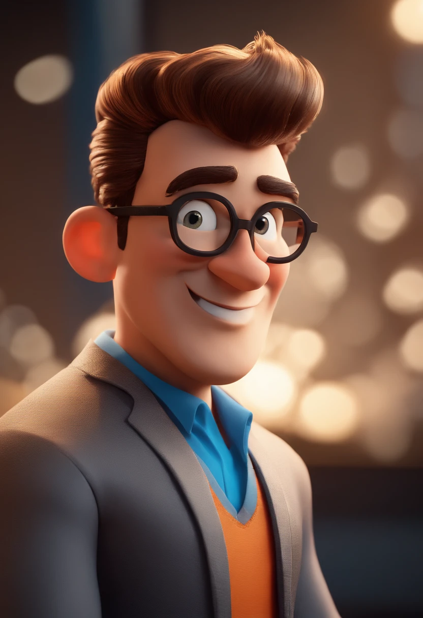 Cartoon character of a man with black glasses and a blue shirt, animation character, Caractere estilizado, animation style rendering, 3D estilizado, Arnold Maya render, 3 d render stylized, toon render keyshot, Personagem 3D, Personagem 3D, 3d rendering stylized, 3 d character render, personagem de desenho animado, Personagem de close up, Pose de personagem, (Estilo Pixar) (master part:1.2) (Bokeh) (melhor qualidade) (pele detalhada) (textura detalhada) (8k) (argila) (Cinematic lighting) (foco nítido.