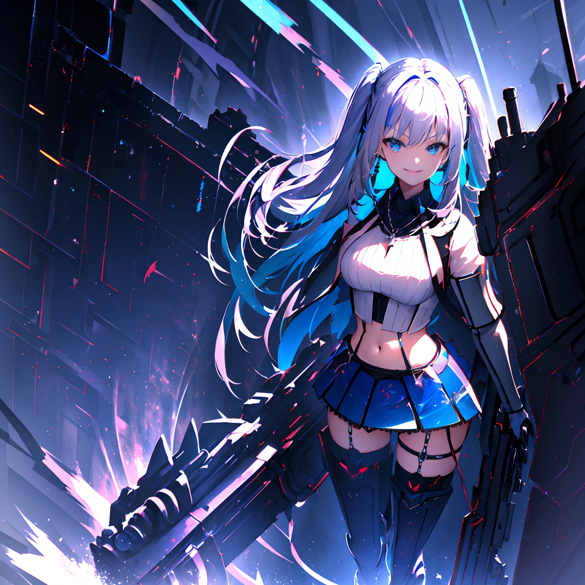 1 girl, solo, Lize_Helesta, light assault armour, blue and black assault armour, aberrant colours, black leg fishnets, medium breasts, V-neck, cross-like necklace, silver hair with black tips, very long hair, black hairbow, sidebangs, hair between eyes, sparkling turquoise eyes, standing, grinning, evil aura, otherworldly battle in background, (flying_ashes:1.4), cool pose, flames in the sky