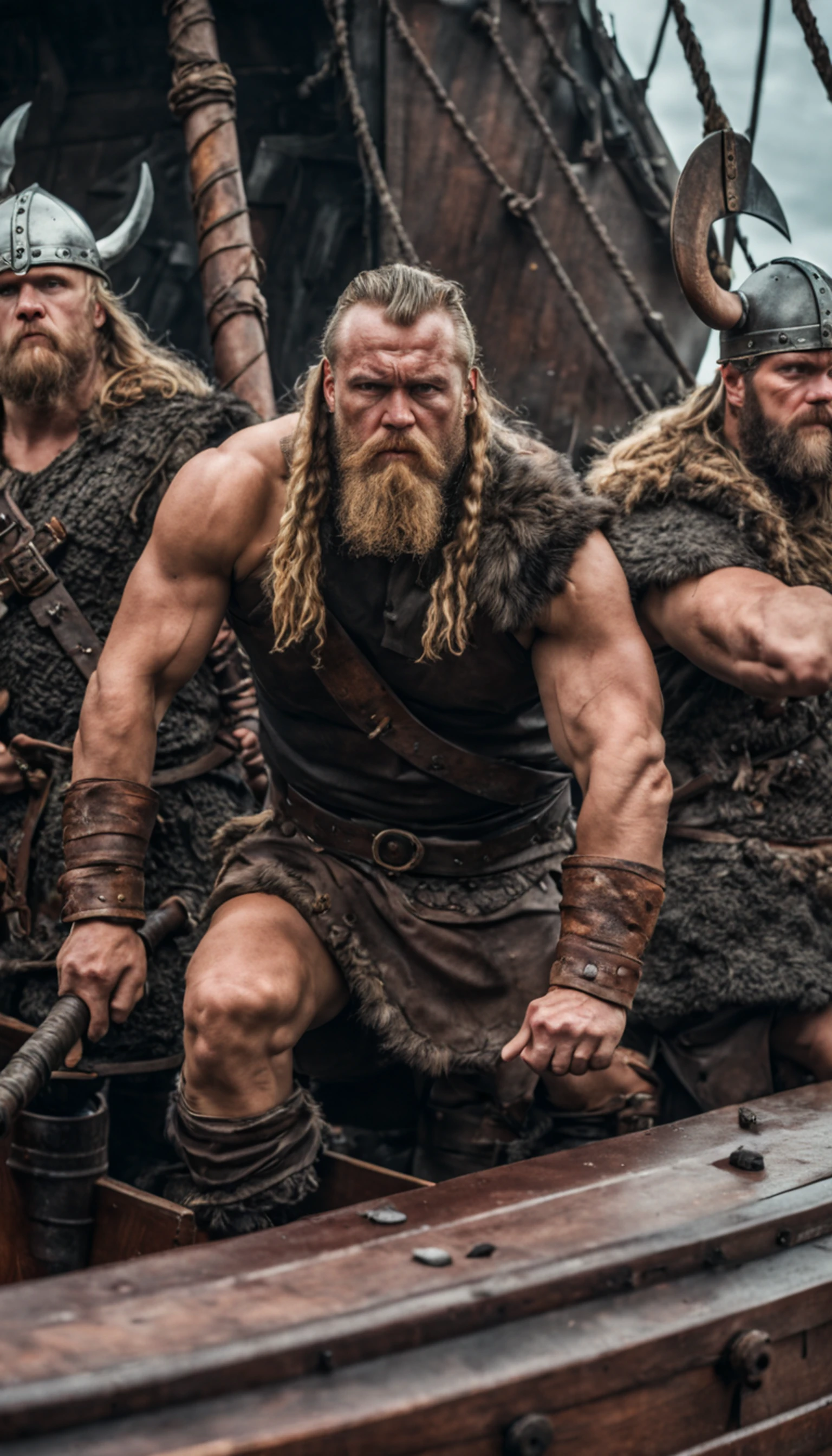 masterpiece, best quality, a group of barbarian vikings on a ship, serious face, realistic, looks real, cinematic, scrathes, full body, face expression clear