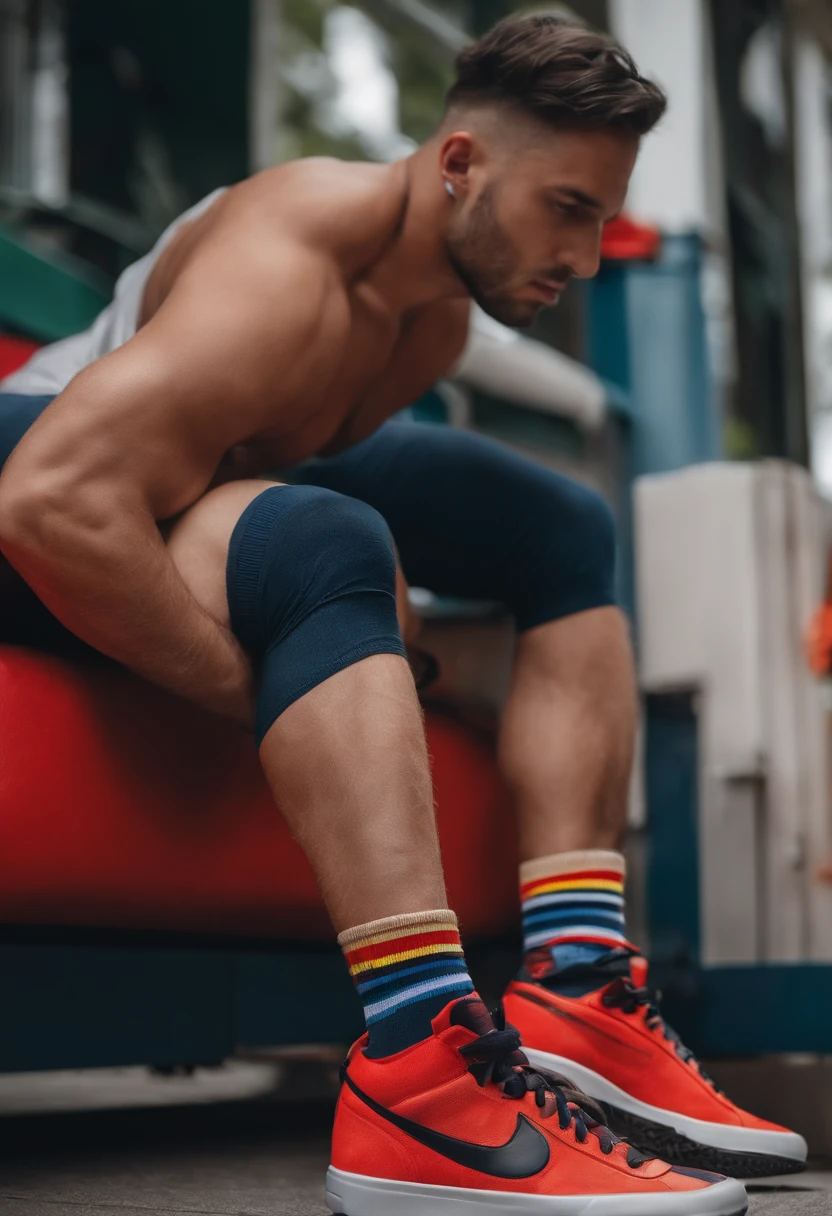 arafed man in red underwear sitting on a chair with a red hat, his legs spread apart, all red, twink, 30 year old man :: athletic, wearing red shorts, dylan cole, david kostic, jock, athletic tall handsome guys, in red velvet stockings, hairy legs, his arms and legs are hanging, chest legs arafed man with tattoos on his legs and a tattoo on his arm, inked, with tattoos, tattooed, tattooed man, tattooed body, lower half of his body is snake, inked and colored, blue undergarments, muscular body tattooed, tattoos all over the skin, style of seb mckinnon, underwear ad, dylan cole, lots of details