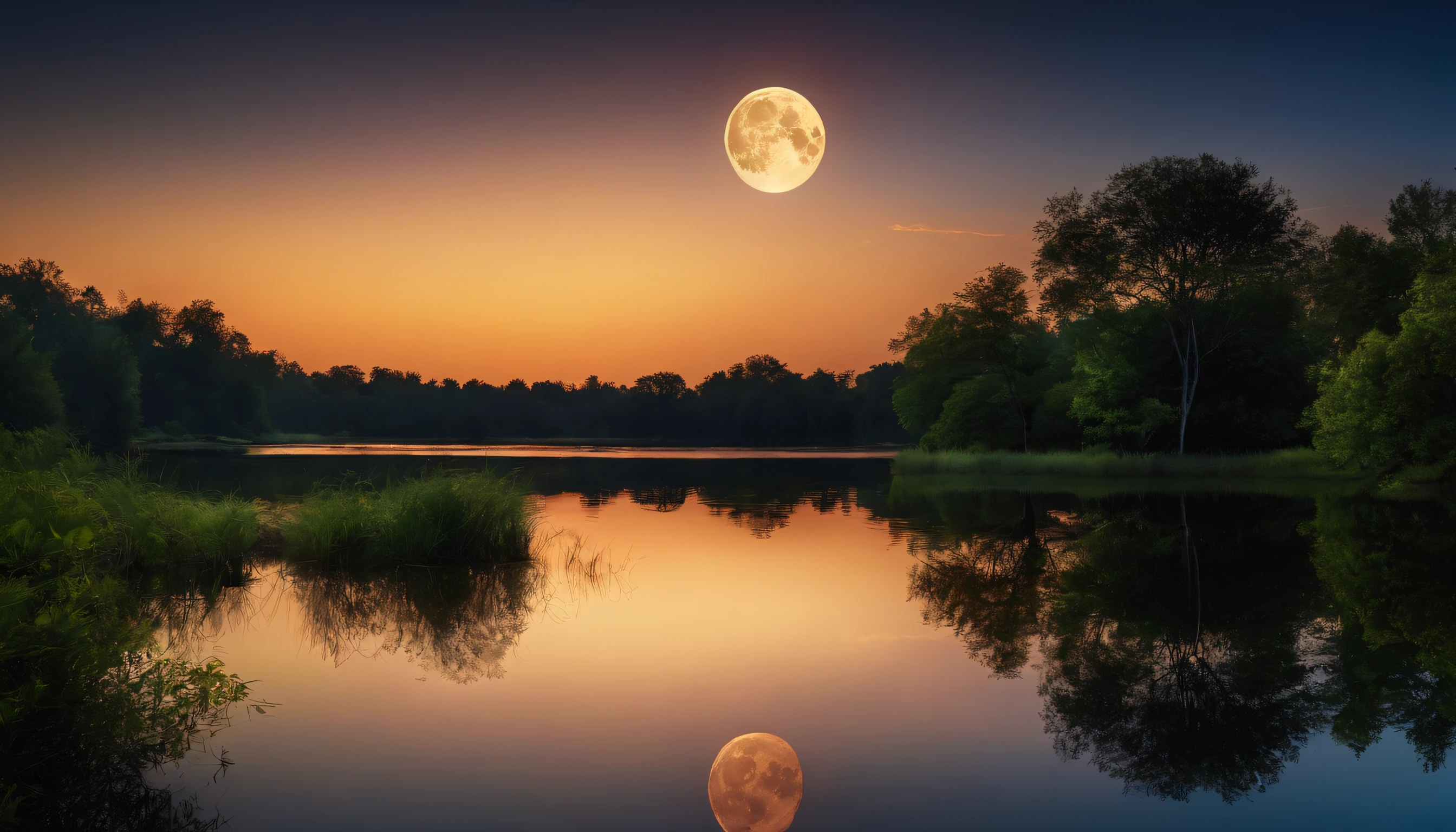 Bright full moon night, A lake with the shadow of a tree reflected. Tranquility and natural beauty. Convey an impressive visual impact. Ultra-realistic and detailed.