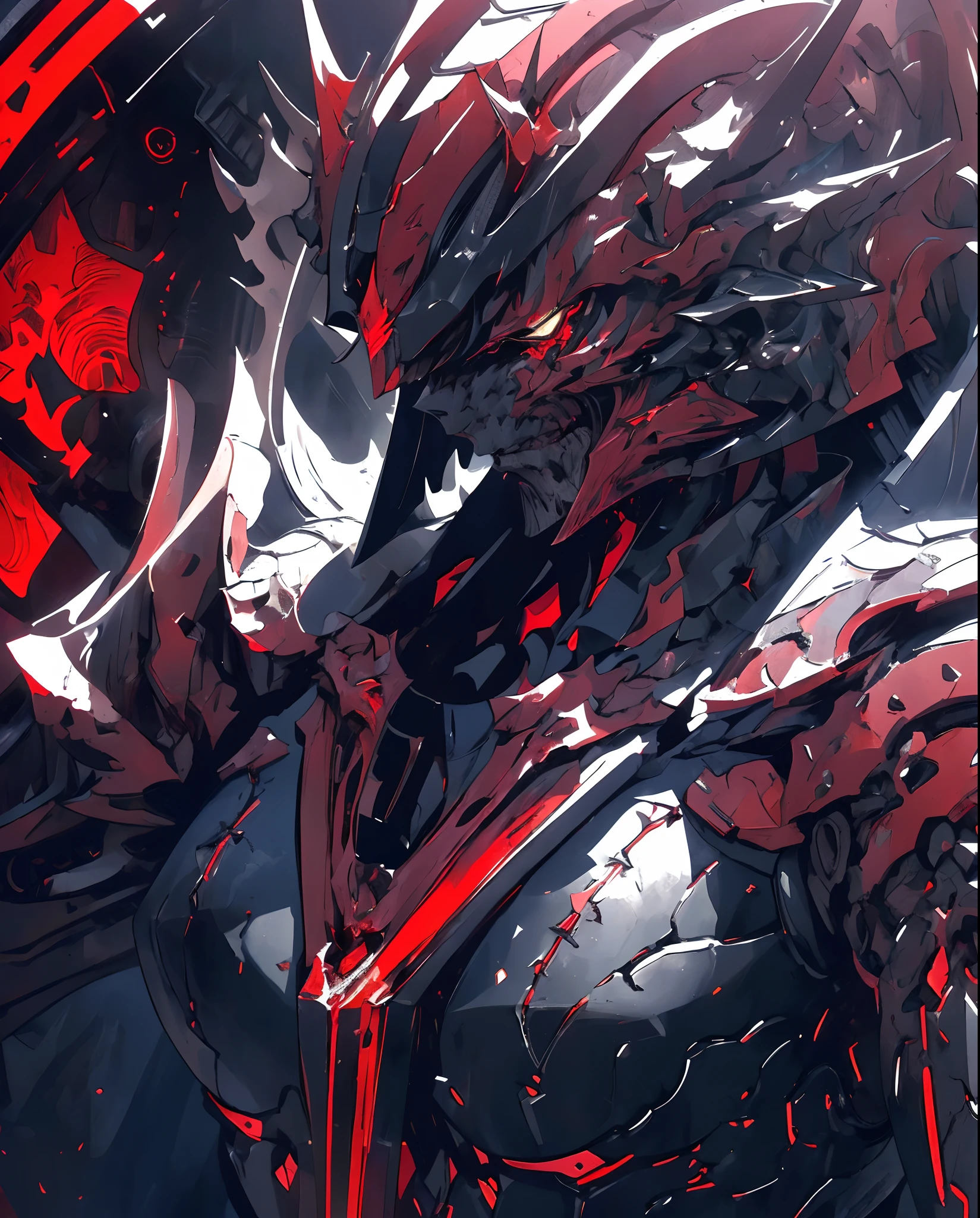a close up of a person with a sword and a demon face, corrupted armor, high quality digital concept art, dark but detailed digital art, cyborg satan, demon armor, melted cyborg, dark armor, black and red armor, 8k high quality detailed art, black scales and cyborg tech, intricate assasin mecha armor, warframe infested art