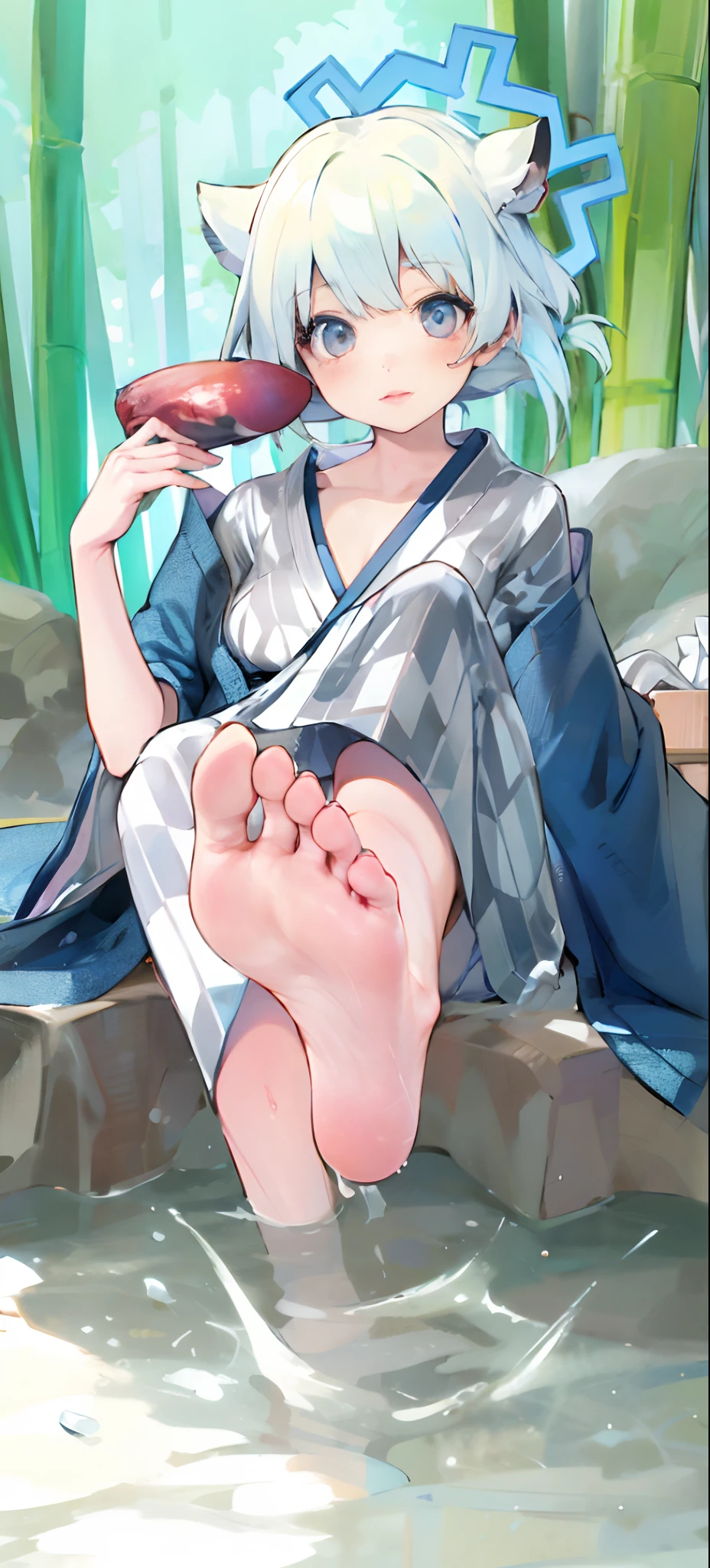 (A sits on a rock)small loli ing on a shelf,small curvaceous loli,Barefoot,Long narrow eyes,smiling expression,Lovely Japanese traditional service,Soft and shiny fabric, Vibrant colors,elaborate detail,White and tender feet,Five toes,Details of the soles of the feet,Petite feet,Photorealistic style,Vivid colors,Detailed rendering,high resolution,4K quality,Sharp focus.