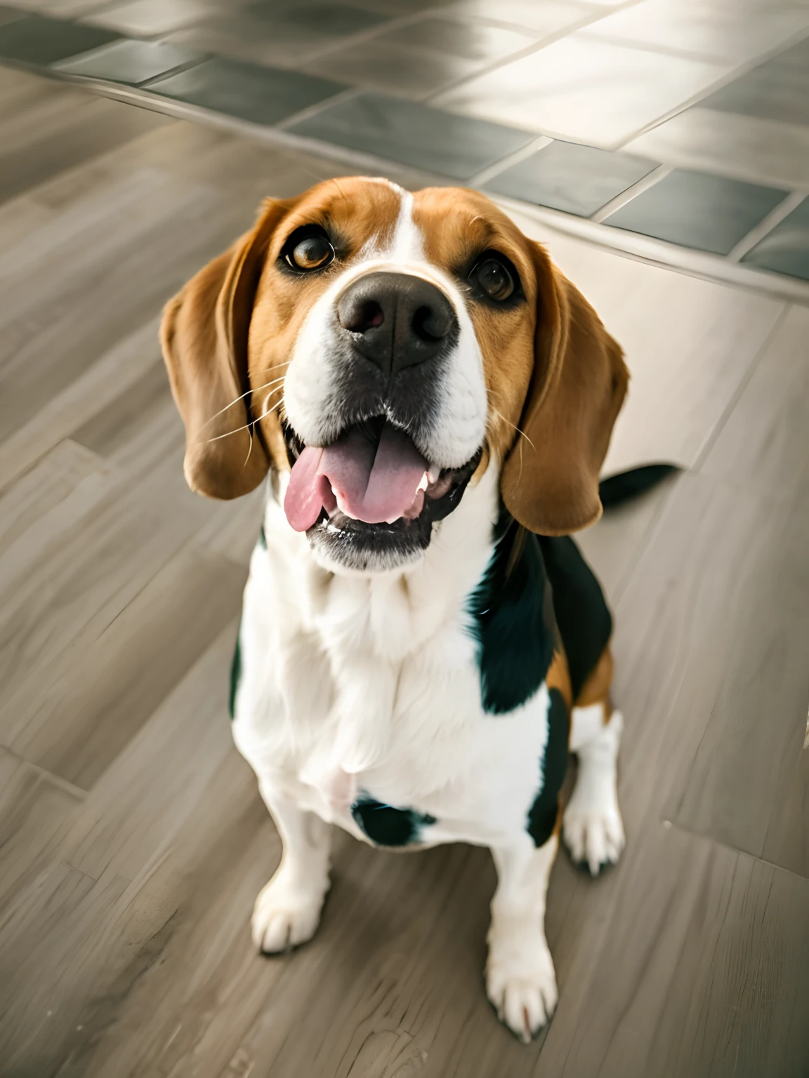 There is a dog that is sitting on the floor looking up, beagle bonito, happily smiling at the camera, staring directly at camera, um bonito, olhar orgulhoso, um tiro largo e cheio, staring directly at camera, um alambique de um feliz, is a stunning, atordoante!, Directed by: Emma Andijewska, bonito, Looking towards the camera, with a happy expression