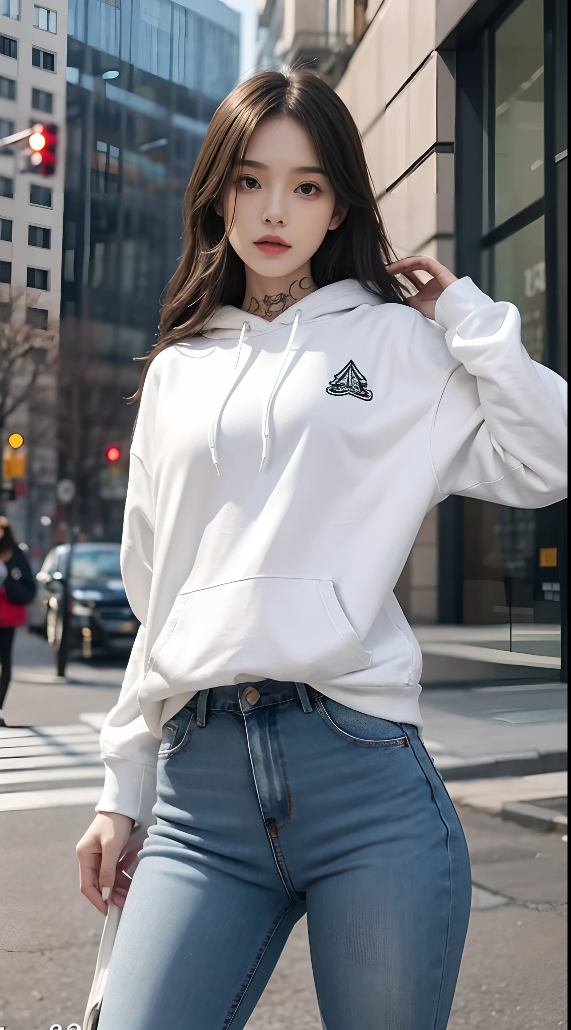 Masterpiece, Best quality, 1girll,stand posture,anatomy correct,White hoodie,skintight jeans,Tattooed with,wavy and long hair,Accurate and perfect face,Slender and slender figure,Skinny,Skinny,Smaller bust,172 height,White sneakers