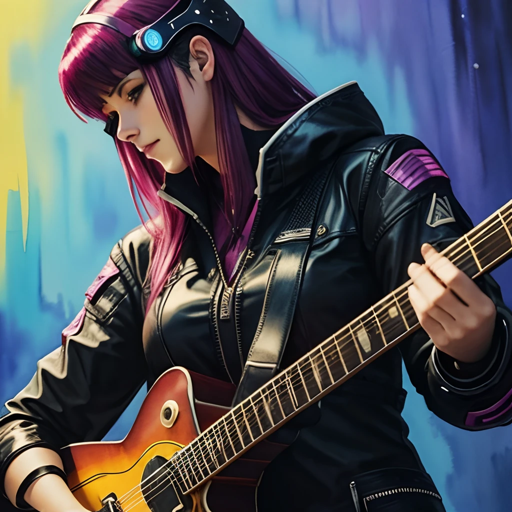guitar,cyber punk,very watercolor,woman