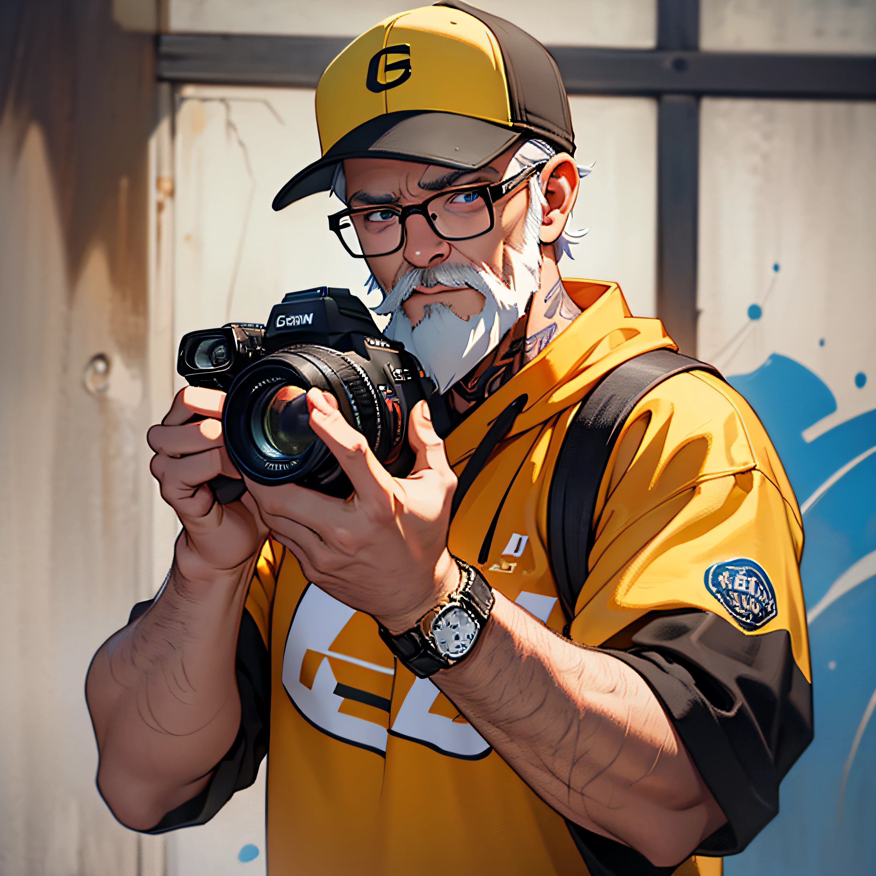 （（A 60-year-old white-bearded man takes pictures of the lens with a DSLR camera：1.2）），frontage，Wear a sweatshirt，With a baseball cap，Wearing round-rimmed sunglasses，Canon camera，Dragon Ball painting art style，Japanese cartoon style，Wearing glasses，There are tattoos on the arms，Wrist watch。