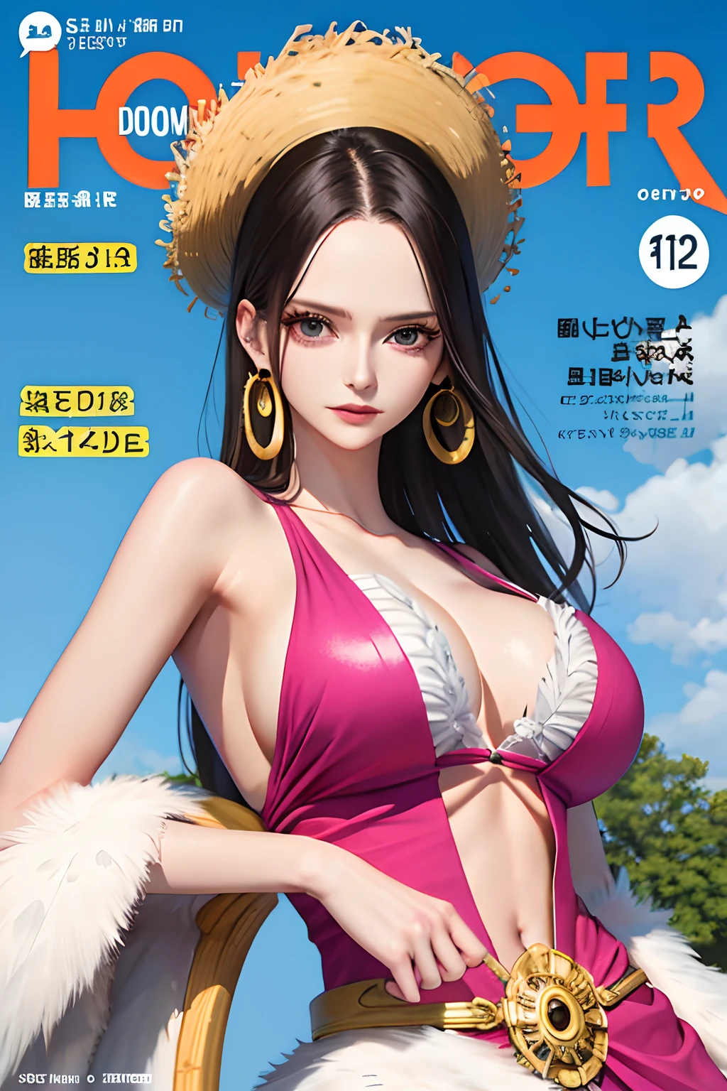 masterpiece, best quality, spring outfit, , outdoor, magazine cover ,upper body, ((boa hancock)) ((onepiece)) , good hands, boa hancock one piece, onepiece, big breast.