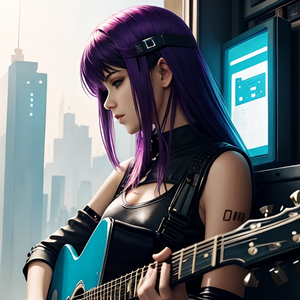 guitar,cyber punk,very watercolor,girl