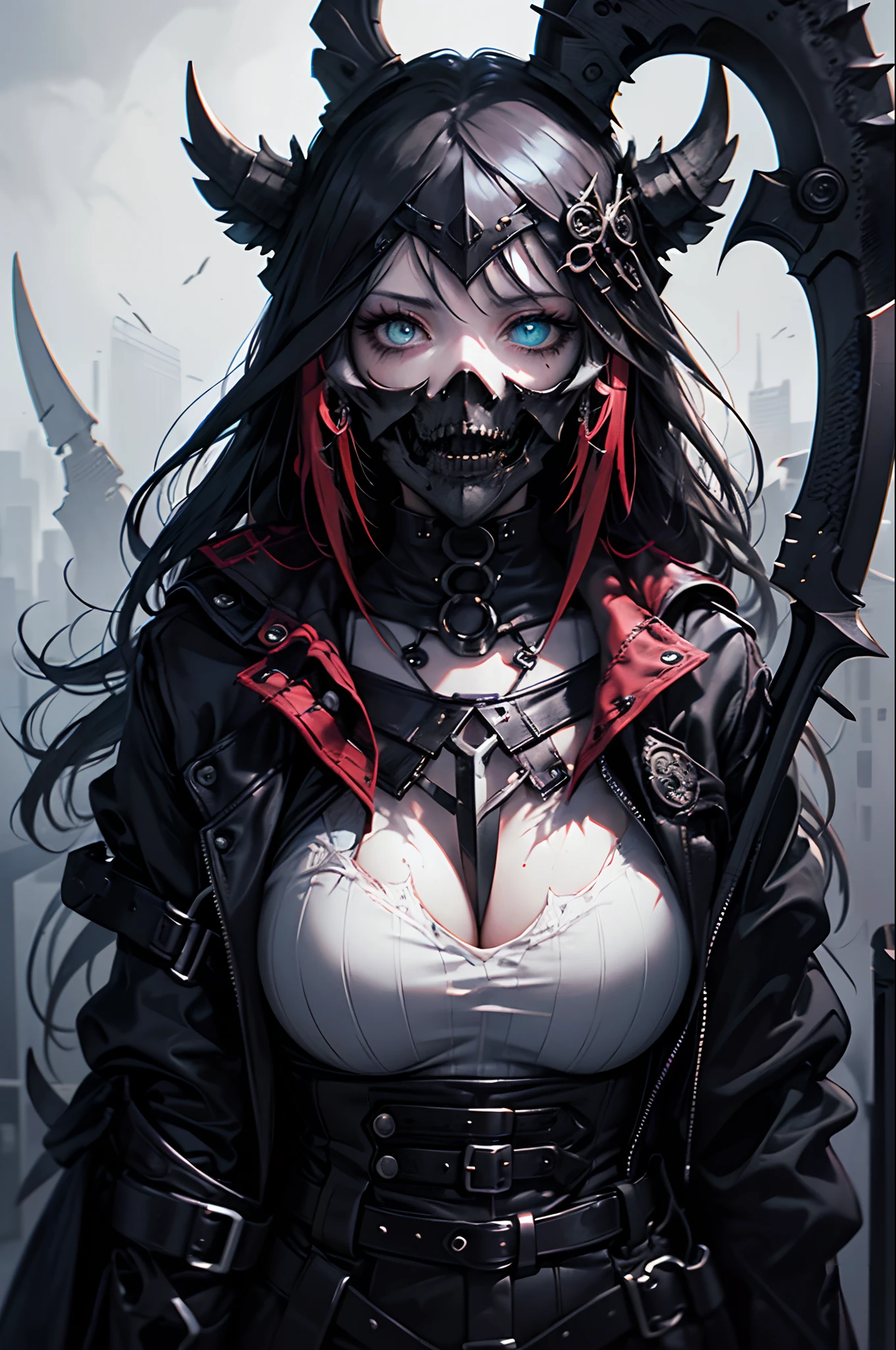 Film noir effect, solo color effect, Reaper, female, scary gaze, creepy look, horror, stitch lips, alluring body, anime-inspired, huge scythe, extremely detailed, goth clothes, tattooed, gloomy, dark theme, Heterochromia, terrifying, color pop eyes and lips, satanic symbols
