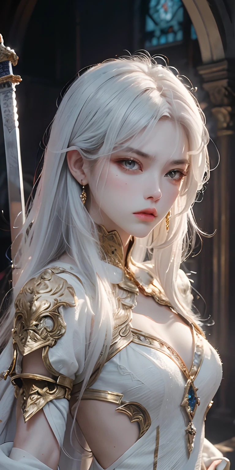 ultra-detailed, high res, masterpiece, beautiful girl, white hair, angry face, straight hair, long hair, gold eyes, sword on her hand, white dress, silver jewelry