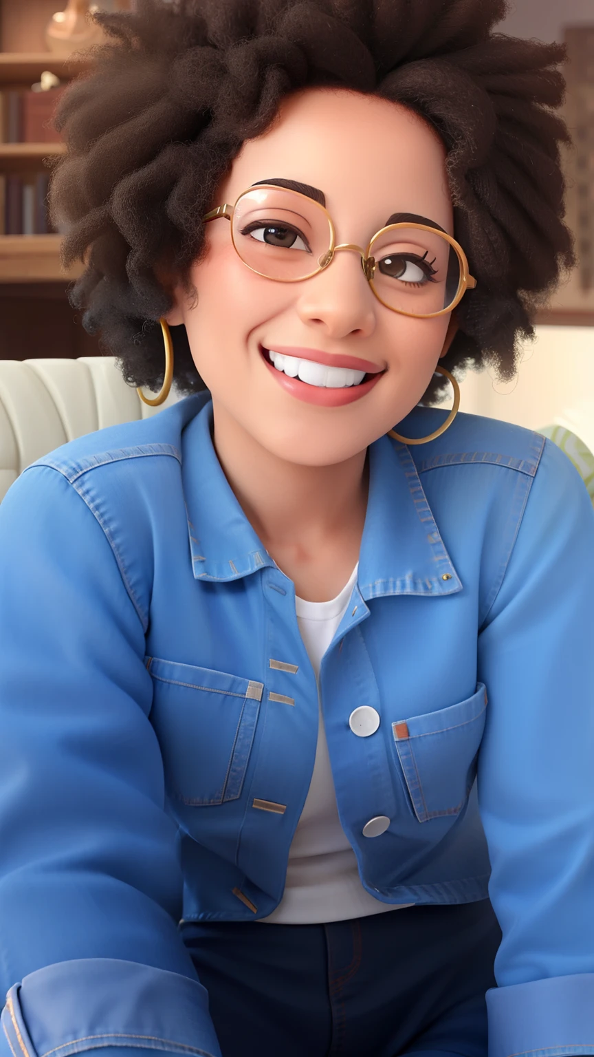 Smiling woman with glasses and a denim shirt sitting on a sofa, com afro, Afro gigante!, afro encaracolado, Directed by: Lily Delissa Joseph, cabelos naturais, sorrindo confiante, grande afro, happily smiling at the camera, cabelo afro, em estilo de nadine ijewere, smiling at camera, Directed by: Stokely Webster, Afro loira curta