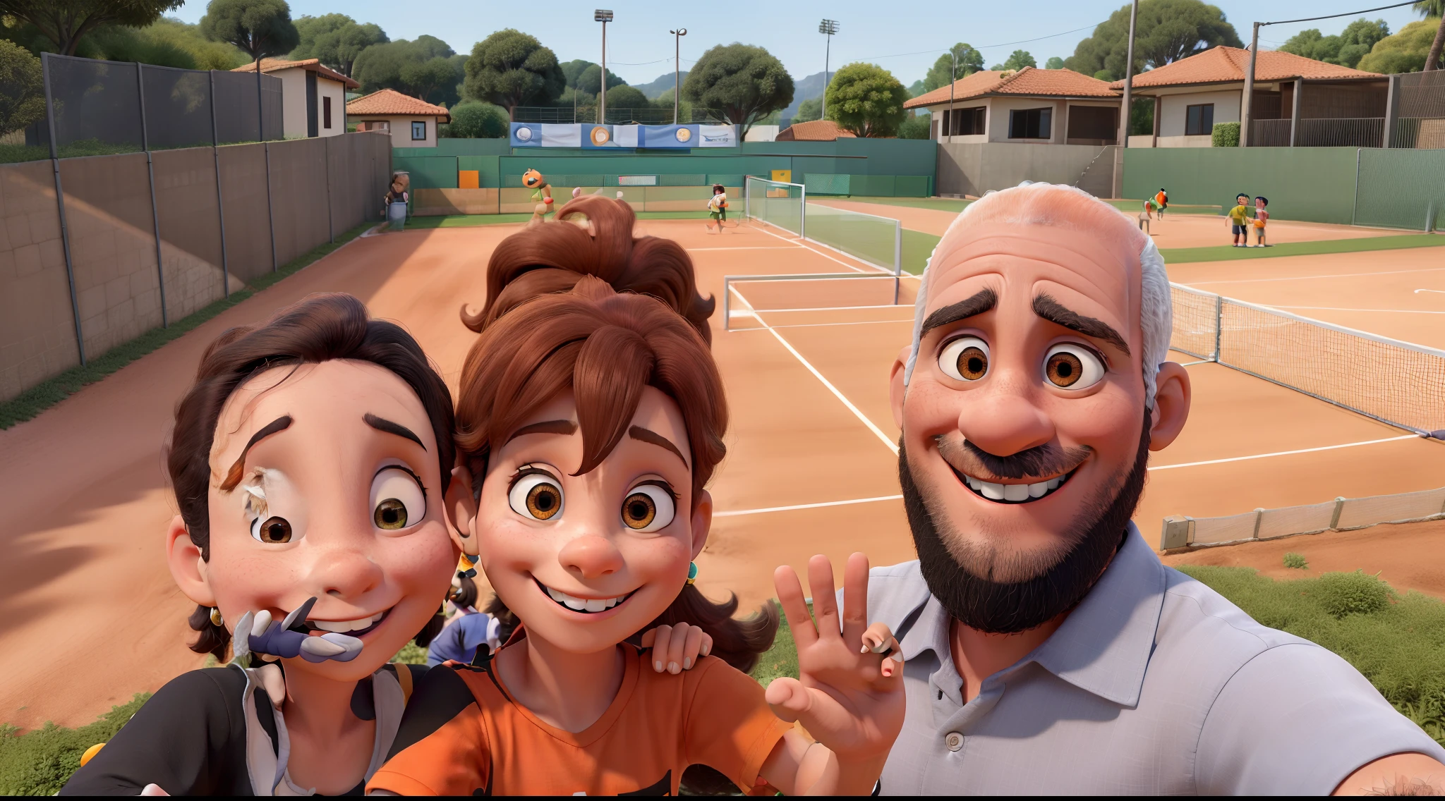 obra-prima, de melhor qualidade, mulher linda sorrindo, de camisa preta, Child in orange and black shirt, cabelo liso, Smiling and waving my hand, homem careca, barba, Smiling and waving his hand from his white shirt, Background with four tennis courts