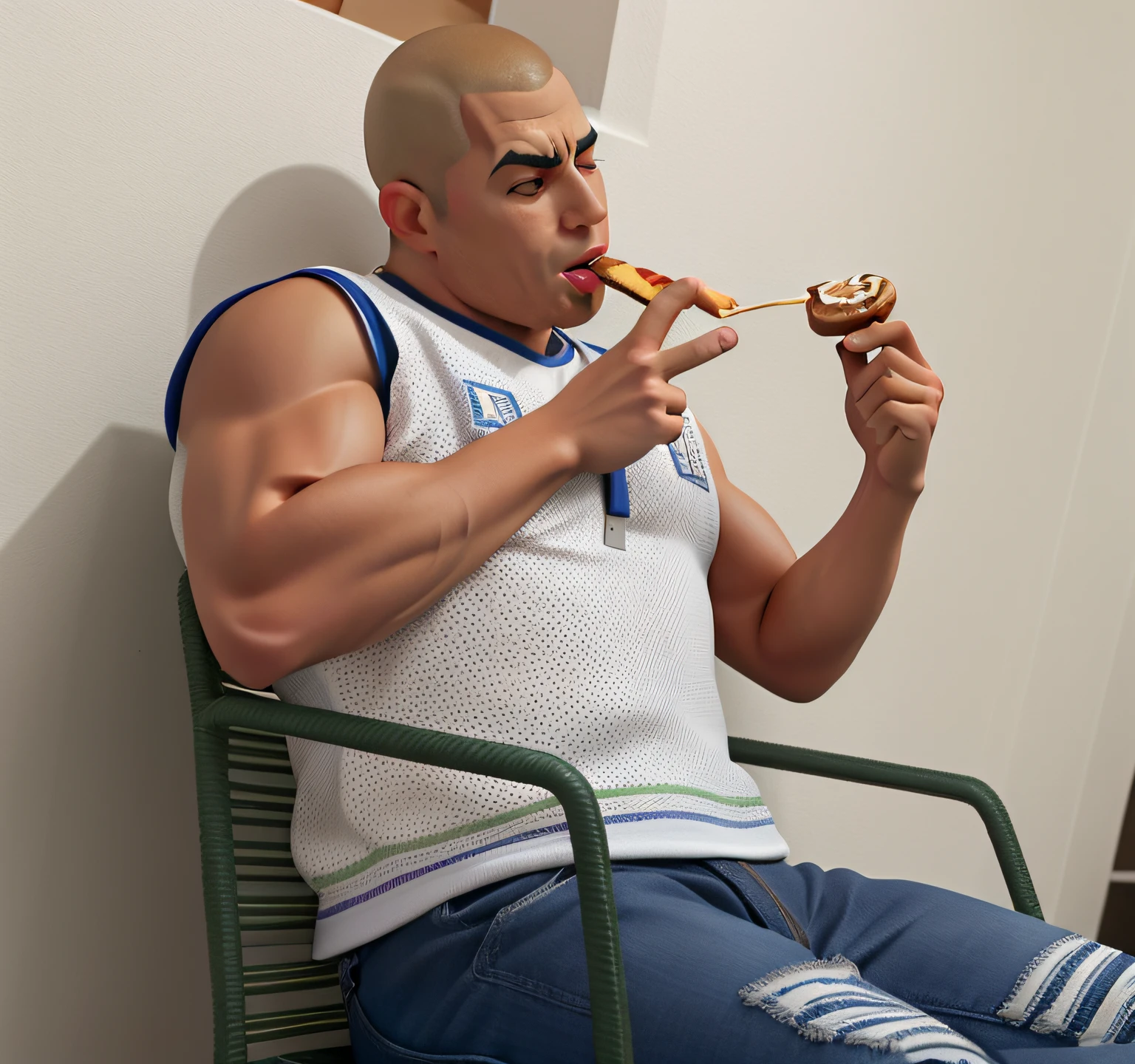 homem arafed sentado em uma cadeira comendo um donut, eating garlic bread, comer pizza, Ronaldo Nazario, comer uma pizza, Ronaldo Nazario Fenomeno, Fred Flintstone comendo tamales, Condorito, ele tem 3 5 anos, andres rios, comer bolos, comer uma rosquinha, Vin diesel com uma barriga, musculoso