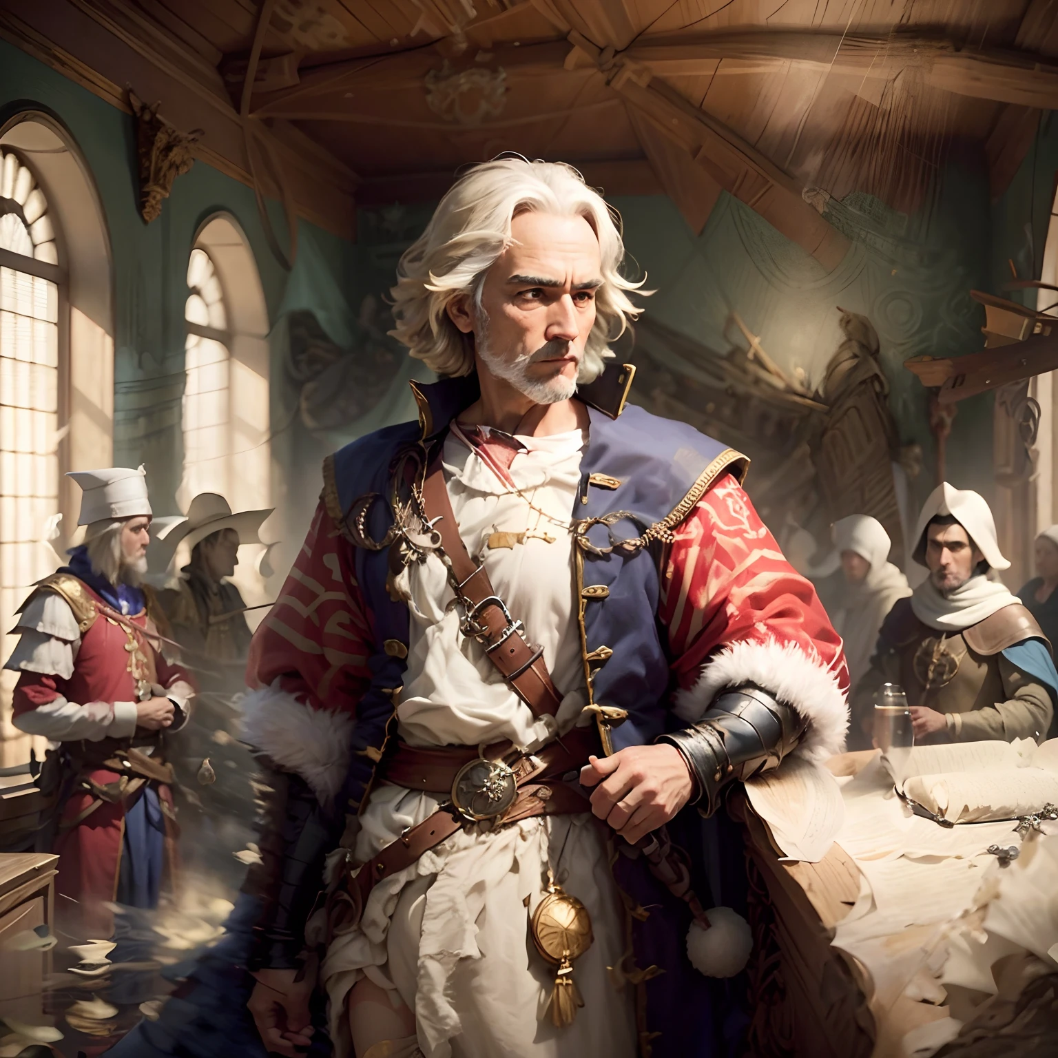 masterpiece, best quality, Christopher Columbus meeting with his troops on the ship Santa Maria, serious face, realistic, looks real, cinematic, scrathes, full body, face expression clear, model Copax TimeLessXL, sampling ratio 0.6,  Image Size 768X1344   [9 : 16] --auto --s2