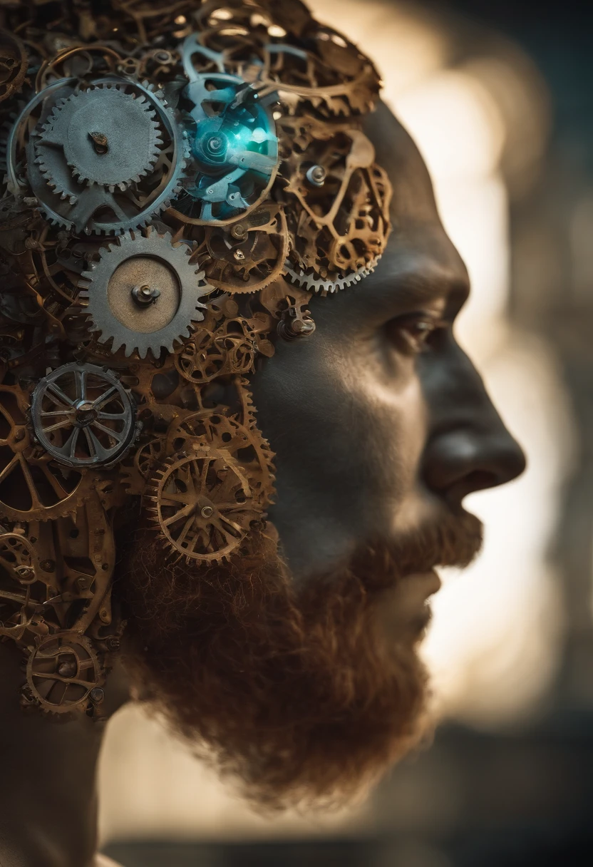 Human brain being reprogrammed by gears and motors into a male head with long beards in a mysterious environment, Images seen from inside the head