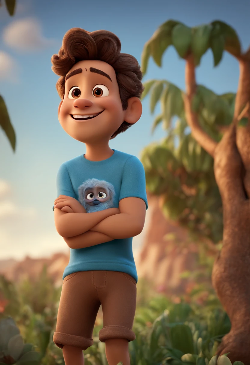 Gordinho sorridente com cabelos castanhos altura media olhos castanhos camiseta branca estilo pixar 3d