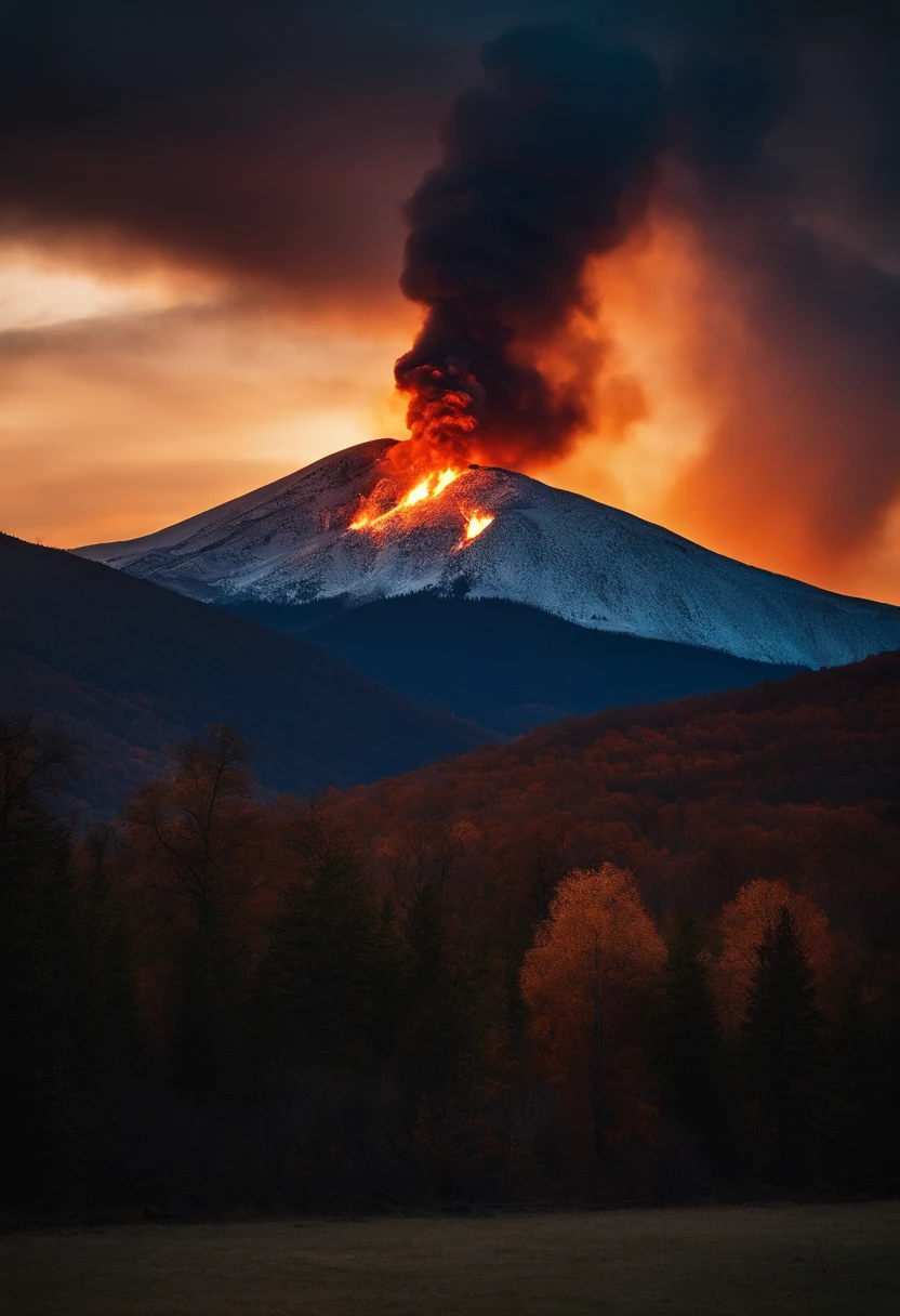 A fire broke out at a supply depot in the distance,The fire burst into the sky,deep mountain,Winter nights,dream magical,The fire flickered