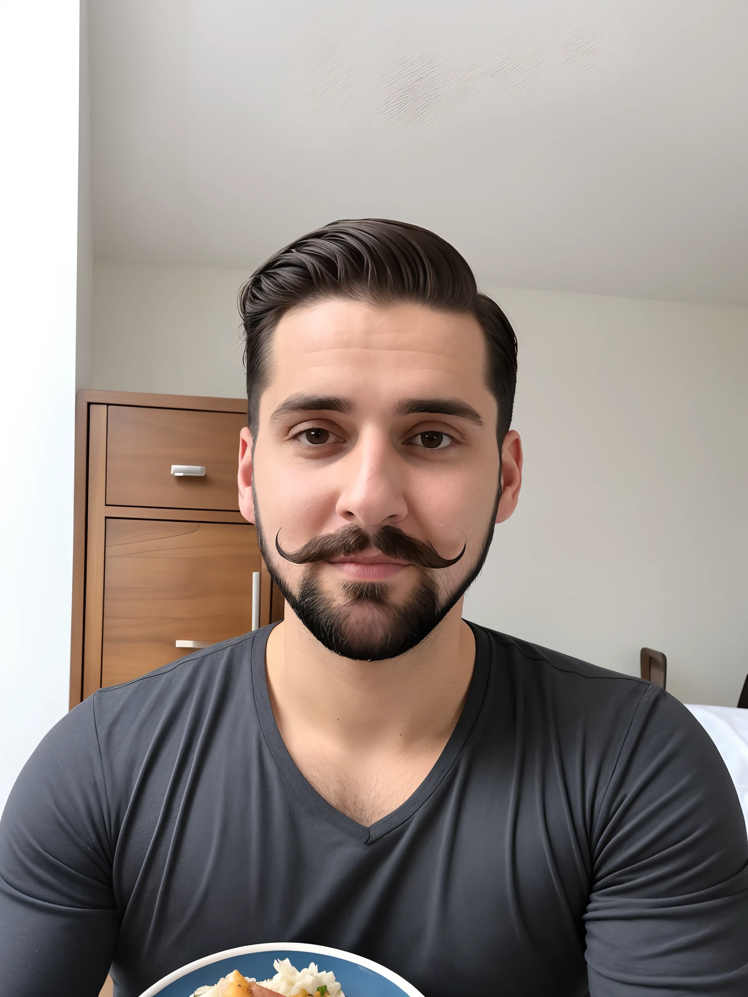 there is a man that is sitting down with a plate of food, with a small beard, without beard, with no beard, 8k selfie photograph, without beard and mustache, 2 7 years old, 2 9 years old, 2 8 years old, professional profile picture, (38 years old), without mustache, detailed unblurred face, 3 2 years old