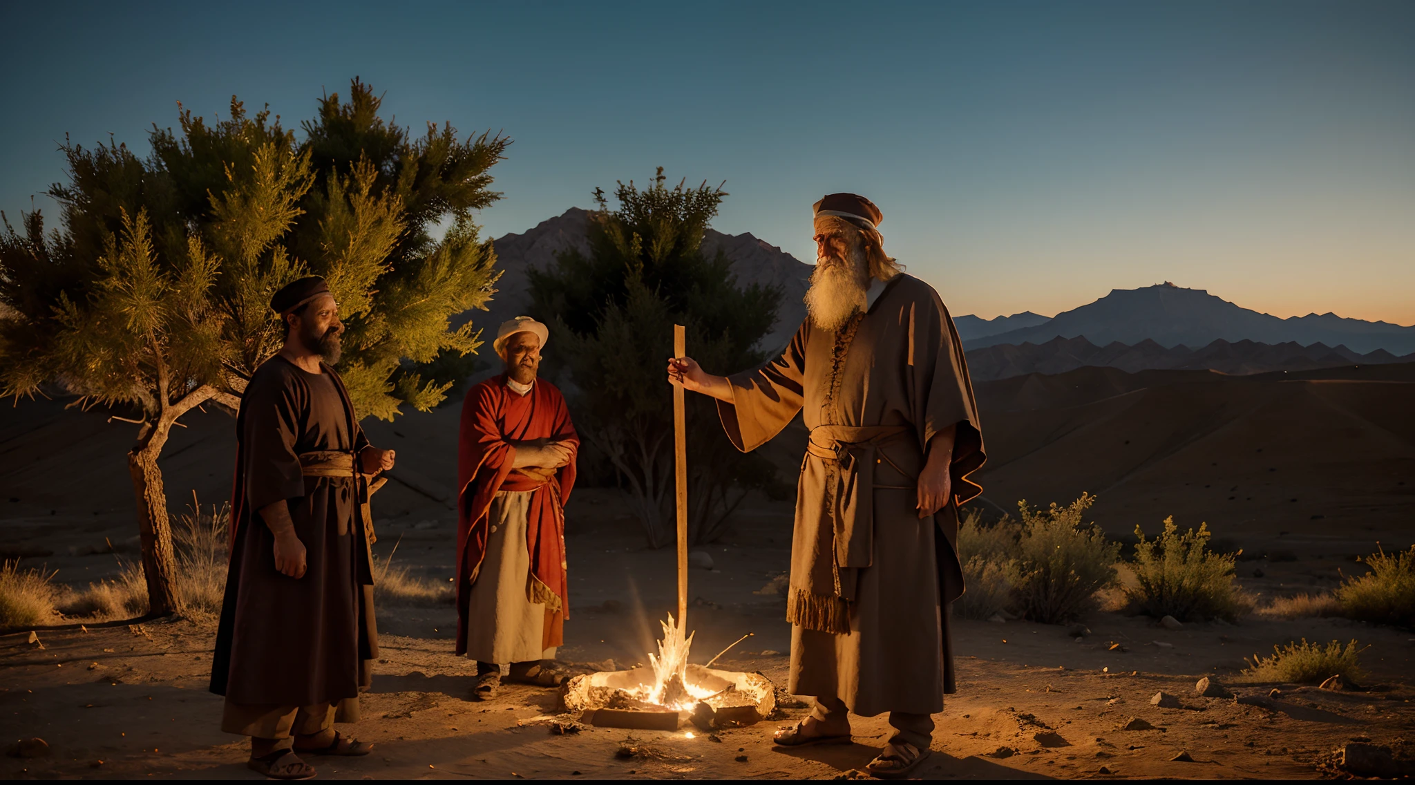 Moses before the burning bush tree on Mount Horeb. Moses is an old man dressed as a shepherd. The bush is on bright, vibrant flames, but it is not consumed by fire. Moses looks with astonishment and admiration at the bush. The surrounding environment is mountainous and desert, com o sol se pondo e iluminando a cena com uma luz alaranjada. This image represents the moment when Moses is called by God to deliver the people of Israel.