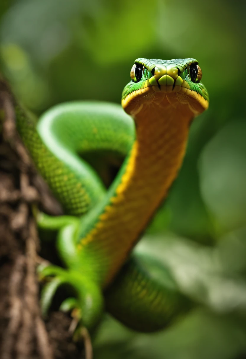 (best quality,Altas,master part:1.2),ultra-detalhado,(Realistic,photo-realistic:1.37),cobra,Bright green coloring,fofo,adorable eyes,Face expressiva,friendly smile,estilo cartunesco extravagante,anthropomorphic character,corpo curvo,Playful tongue,Scales with intricate patterns and textures,characteristic tongue of the blinking snake,curious and mischievous expression,Pose curled up in a tree branch,Fundo exuberante e vibrante da selva,sunlight filtering through the leaves of trees,Soft lighting and Warm,Faint shadows on the snake's body,flores coloridas e folhagens ao redor da cobra,borboletas voando ao redor,creating a sense of magic and wonder