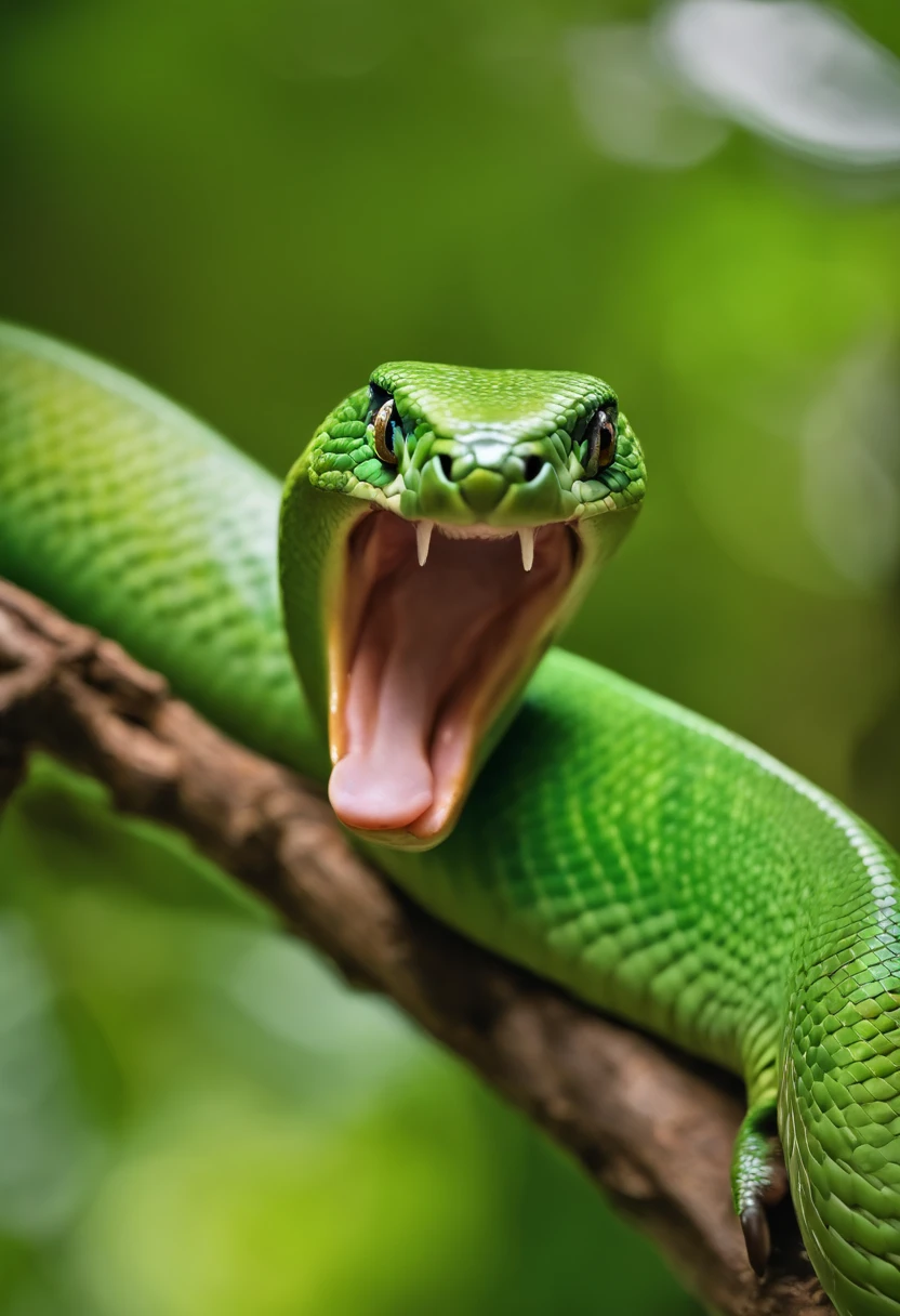 (best quality,Altas,master part:1.2),ultra-detalhado,(Realistic,photo-realistic:1.37),cobra,Bright green coloring,fofo,adorable eyes,Face expressiva,friendly smile,estilo cartunesco extravagante,anthropomorphic character,corpo curvo,Playful tongue,Scales with intricate patterns and textures,characteristic tongue of the blinking snake,curious and mischievous expression,Pose curled up in a tree branch,Fundo exuberante e vibrante da selva,sunlight filtering through the leaves of trees,Soft lighting and Warm,Faint shadows on the snake's body,flores coloridas e folhagens ao redor da cobra,borboletas voando ao redor,creating a sense of magic and wonder