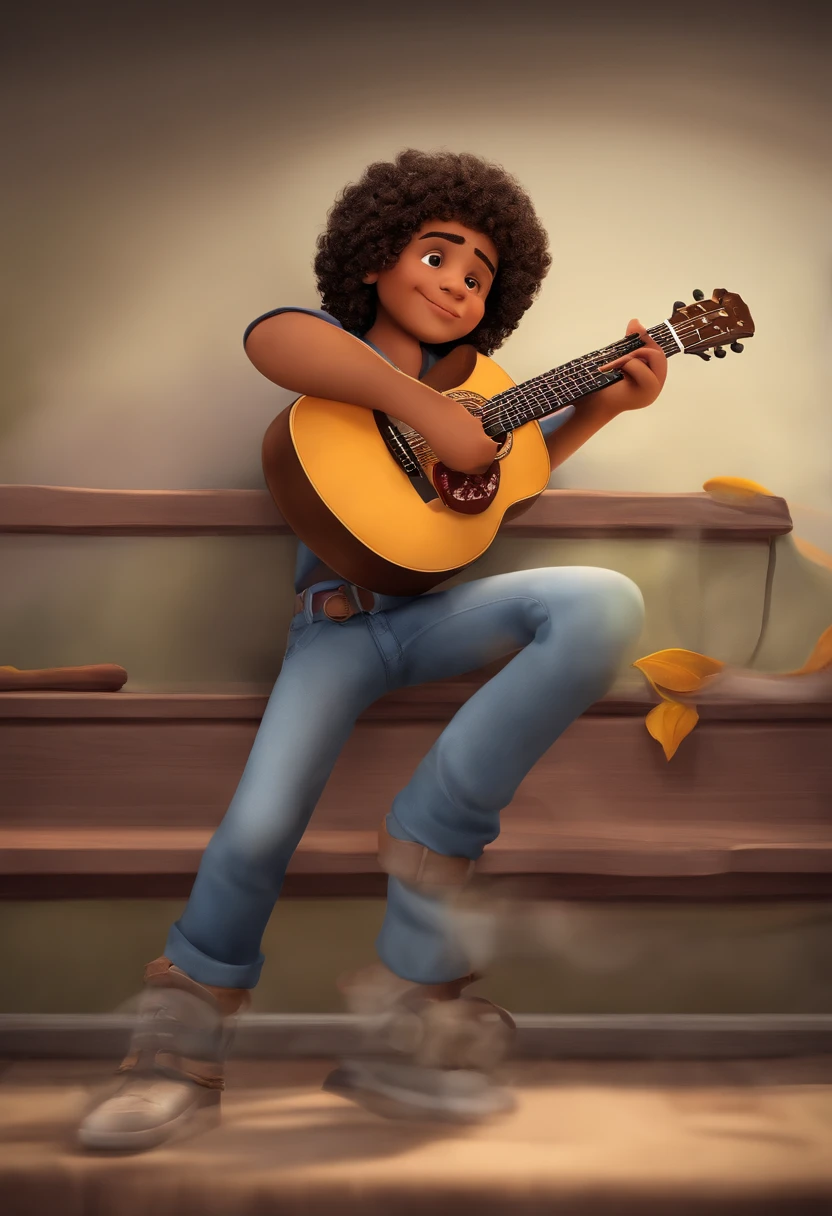 crie um banner no estilo Pixar. A boy with Brazilian features, moreno pardo com cabelos curtos, Castanhos escuros, Curly and slightly grayish appearance, mas jovem, usando uma camiseta, Wearing jeans and holding a classical guitar with 6 strings.