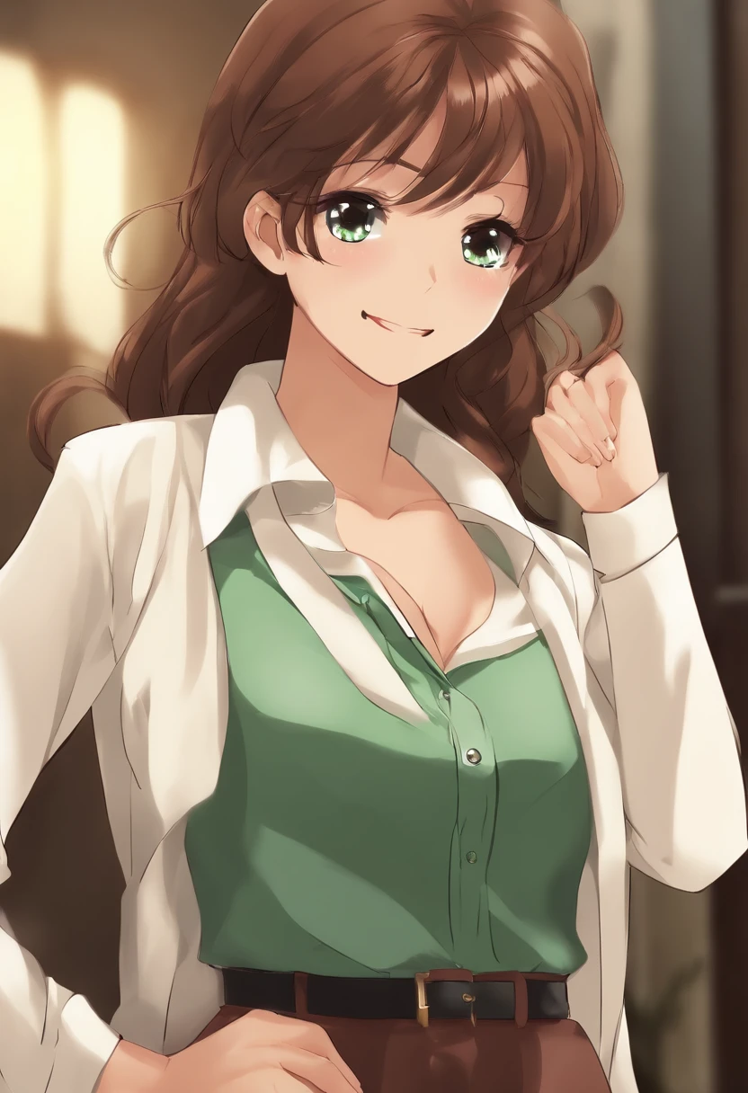 master part, extremely high quality, best quality, 1girl, sozinho, Olhando para o Viewer, , Tezuka Rin, (Amputees without arms:1.2), brown hair, colar, camisa de gola, (amputado duplo:1.2), olhos verdes, Katawa Shoujo, gravata vermelha, camisa, short hair, sozinho, camisa branca, Lozhkin, sorriso, dentes precisos com lacunas