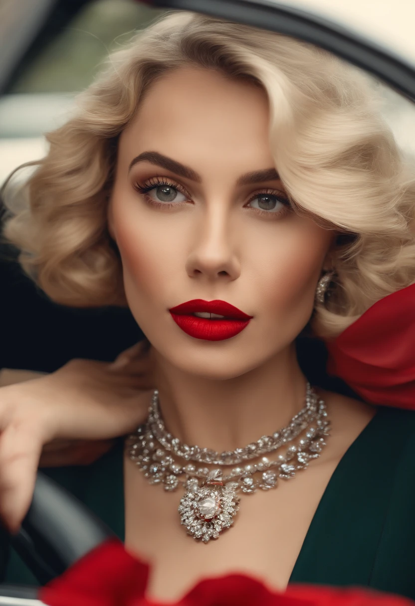 1girl,jewelry,solo,earrings,necklace,turtleneck,red lips,upper body,makeup,parted lips,blonde hair,red background,sweater,realistic,looking at viewer,black sweater,lipstick,lips,short hair,eyelashes,grey eyes,turtleneck sweater Marilyn Monroe