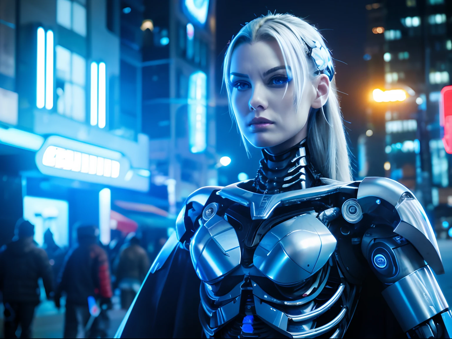 Blue-eyed robot, Extended Cyborg, Robot Cyborg, movie still of a villain cyborg, cyber implants, cybernetic implant, cyber skeleton,, a cyberpunk cyborg, biological weapon