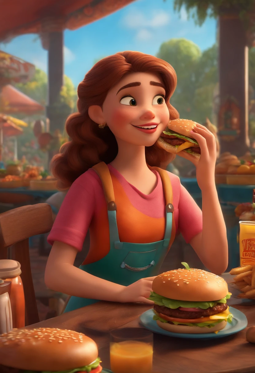 Make a Girl, She's hungry, como Disney Cartoon, She's eating hamburger, Pixar, ..3d, Disney
