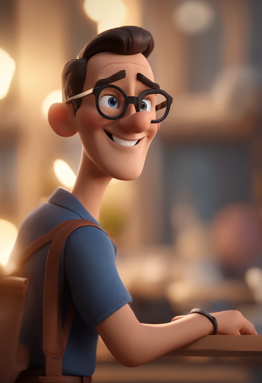 Cartoon character of a man with black glasses and a blue shirt, animation character, Caractere estilizado, animation style rendering, 3D estilizado, Arnold Maya render, 3 d render stylized, toon render keyshot, Personagem 3D, Personagem 3D, 3d rendering stylized, 3 d character render, personagem de desenho animado, Personagem de close up, Pose de personagem,  (Estilo Pixar) (master part:1.2) (Bokeh) (best quality) (pele detalhada) (textura detalhada) (8k) (argila) (Cinematic lighting) (foco nítido