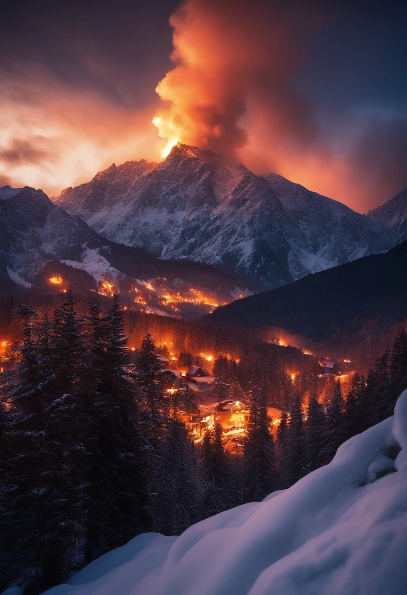 deep in the night,snow mountains,A fire broke out in the building,The fire burst into the sky