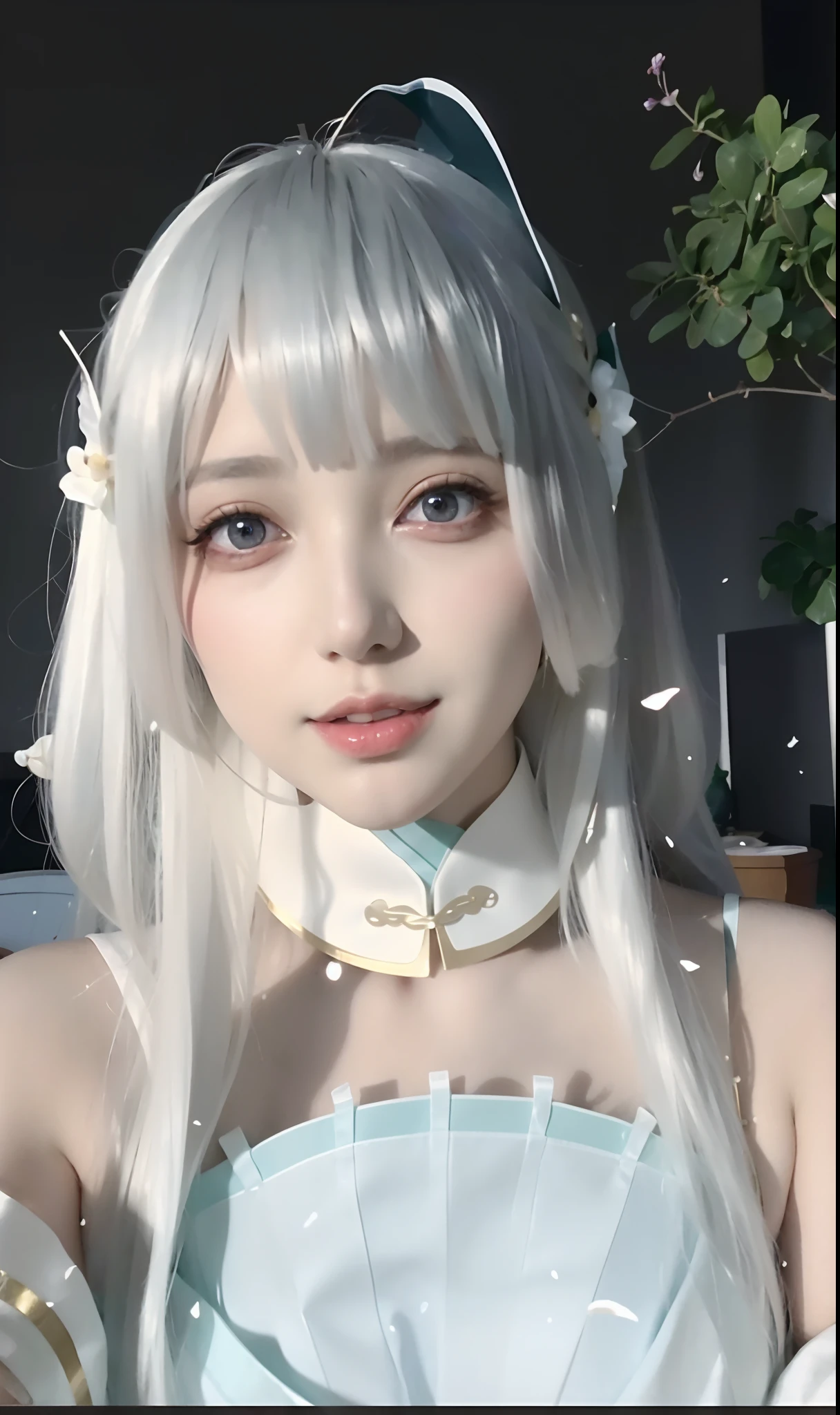 [Detailed description of the scene, Character, and style:](Best quality,A high resolution,Masterpiece:1.2),Ultra-detailed,Physically-based rendering
A gray-haired gray-haired man、Woman in white dress standing in enchanting garden. Her hair floated gracefully to her waist, Beautifully outlines her face. Her eyes are fascinating, Subtle shades with pale blue, A reflection of her inner wisdom. Her lips are delicately shaped, Give her a serene and elegant appearance. The woman exudes an air of serenity and confidence.
The gardens around her are a heavenly wonder, Vibrant flowers bloom around every corner. sunlight filtering through the trees, Cast a warm light on the site. The atmosphere was filled with a sense of peace and harmony, It's as if time has stopped in this enchanting place.
The style of this artwork is a blend of anime cosplay and Fujifilm's aesthetics. The woman's look is inspired by Leng Mei, the character in the Live2D virtual Youku main model. She embodies the mystery and elegance of ancient civilizations, Add a touch of nostalgia to the overall composition.
The colors in this artwork are reminiscent of the pastel tones found in classical paintings. Subtle shades of blue, Pink big breasts, The white color creates a fantastic atmosphere, Enhance the ethereal beauty of the scene. The lighting is carefully crafted，Feminine features are highlighted, Cast soft shadows，Add depth and dimension to the overall image.
]
It's a very contextual scenario，Woman standing in the garden，She has silvery-white hair，Dressed in a long white dress。Her hair fell to her waist，Gracefully hugging her face。Her captivating eyes are a pale blue，Show your inner wisdom。Her lips were soft，It gives her a serene and elegant temperament。The woman exudes an air of serenity and confidence。
The garden around her is a mesmerizing sight，Flowers full of life are everywhere。The sun shines warmly through the woods。There is a sense of tranquility and ha