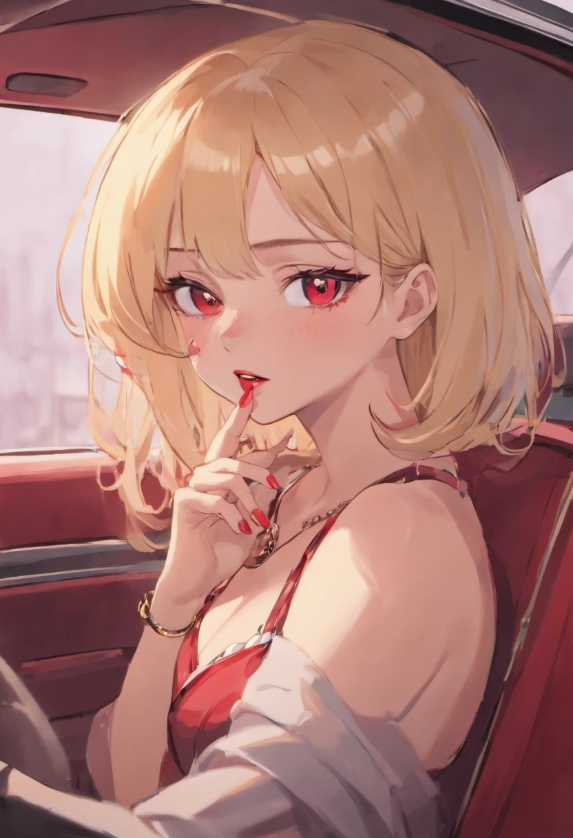 Blonde woman with red lipstick and necklace in car with hand up, imagem de perfil, red lips, foto do perfil, Batom vermelho no rosto, thick red lips, foto de perfil headshot, Big Red Lips, Batom vermelho brilhante, both have red lips, small and thick red lips, sexy red lips, usando maquiagem profissional, taken in the early 2020s, Red lipstick on the lips disney pixar cartoon style, heroina , perigosa, justiceira, sexy, unhas verm
